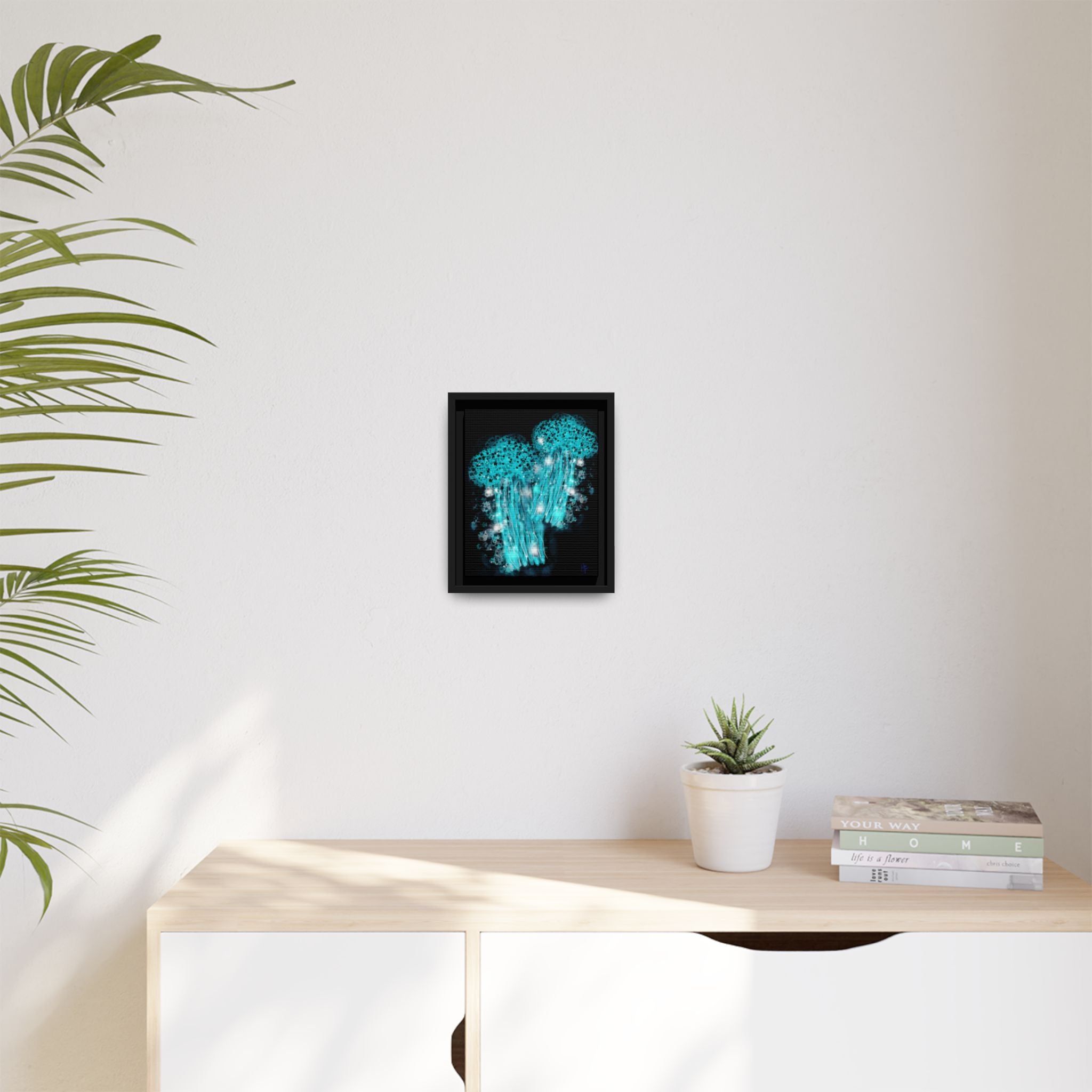 Glowing Jellyfish Art Print — Framed Matte Canvas