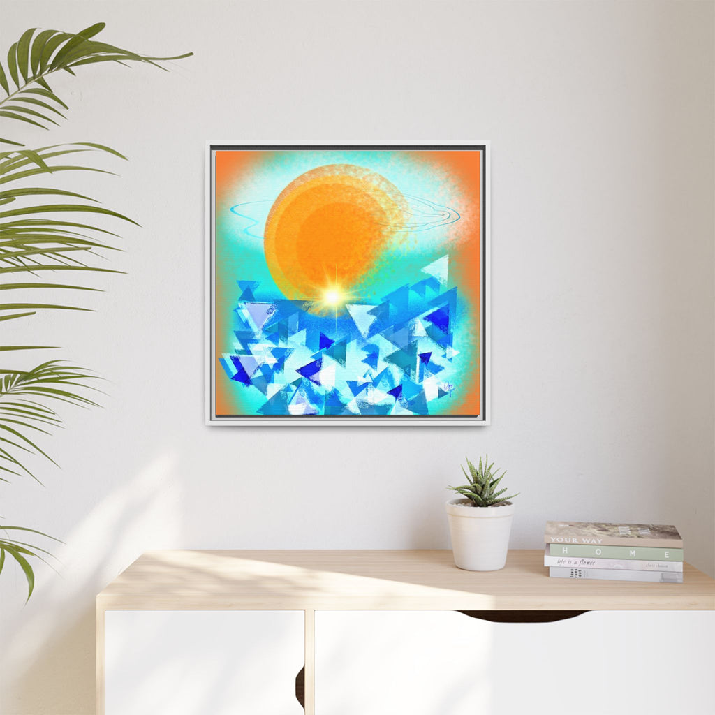 Abstract Sunrise Framed Canvas Art – Orange Sun Over Blue Geometric Waves