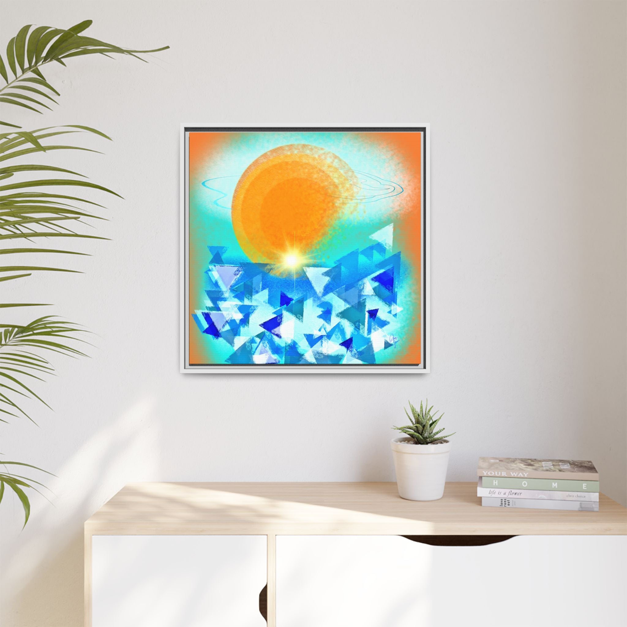 Abstract Sunrise Framed Canvas Art – Orange Sun Over Blue Geometric Waves