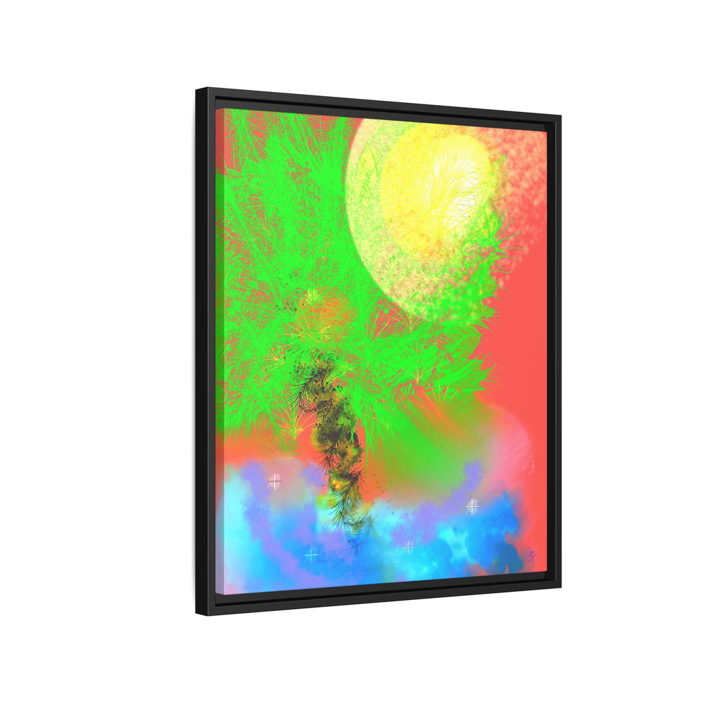 Abstract Neon Tree Matte Canvas Framed Art — Vibrant Green Moon Landscape
