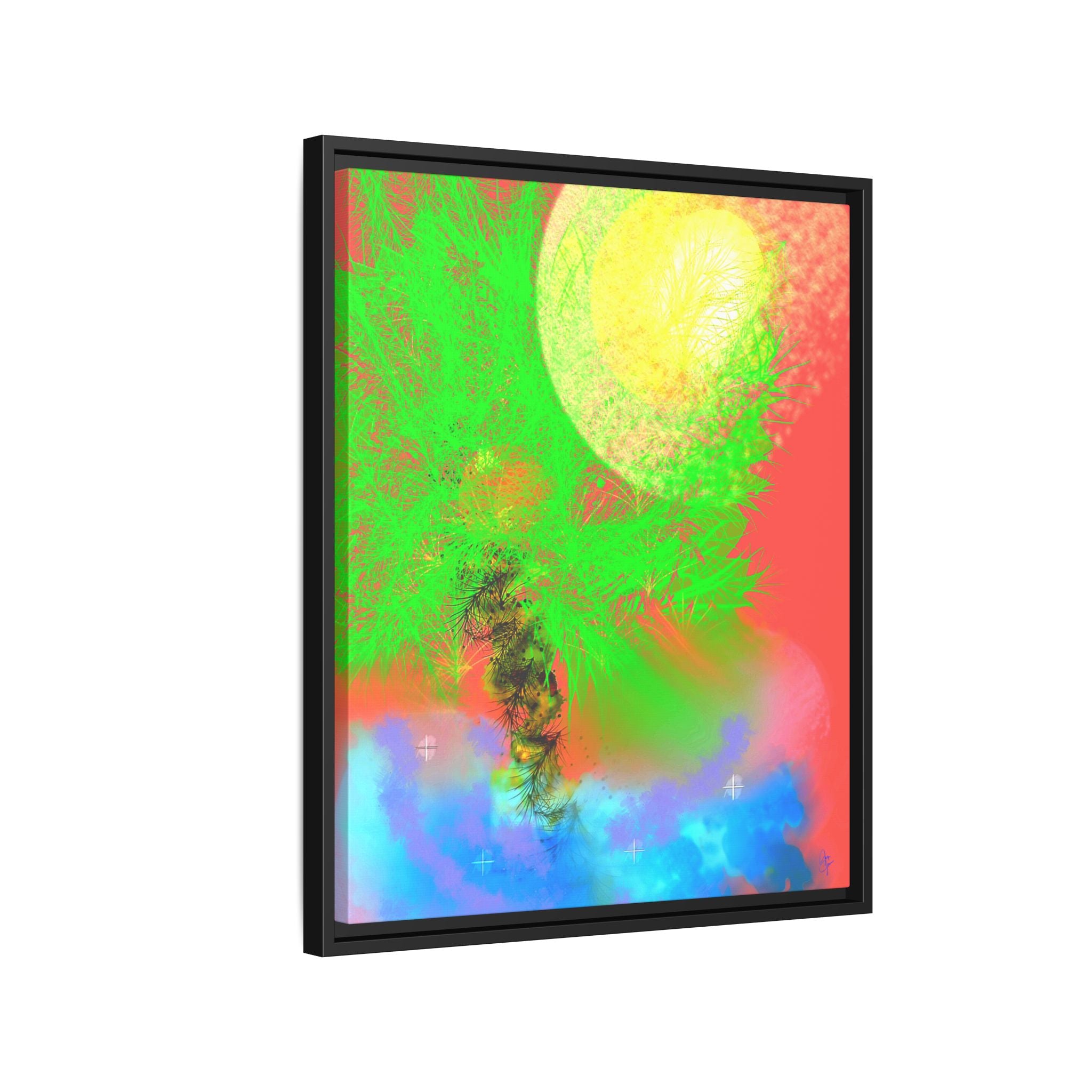 Abstract Neon Tree Matte Canvas Framed Art — Vibrant Green Moon Landscape
