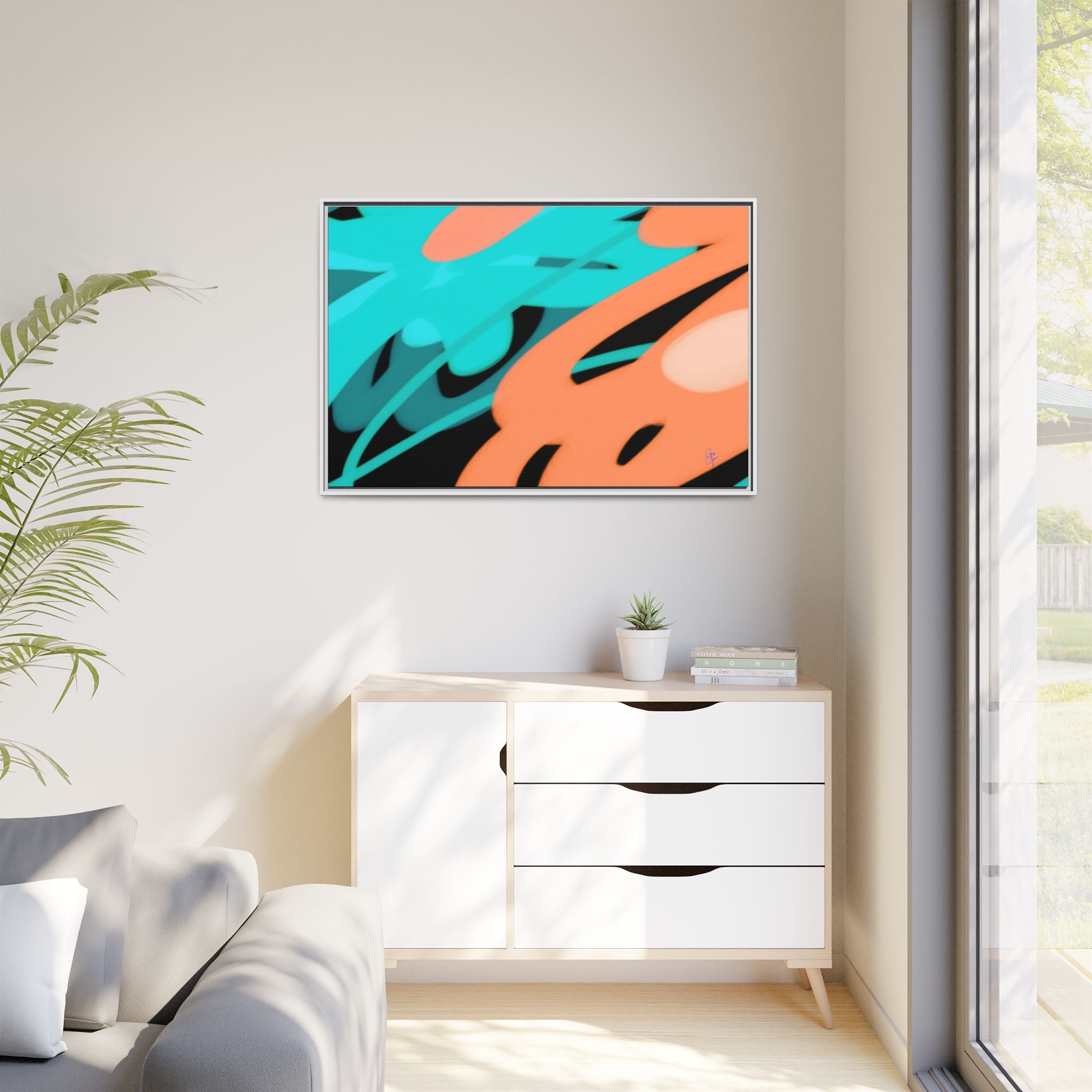 Abstract Teal & Coral Splash Framed Canvas