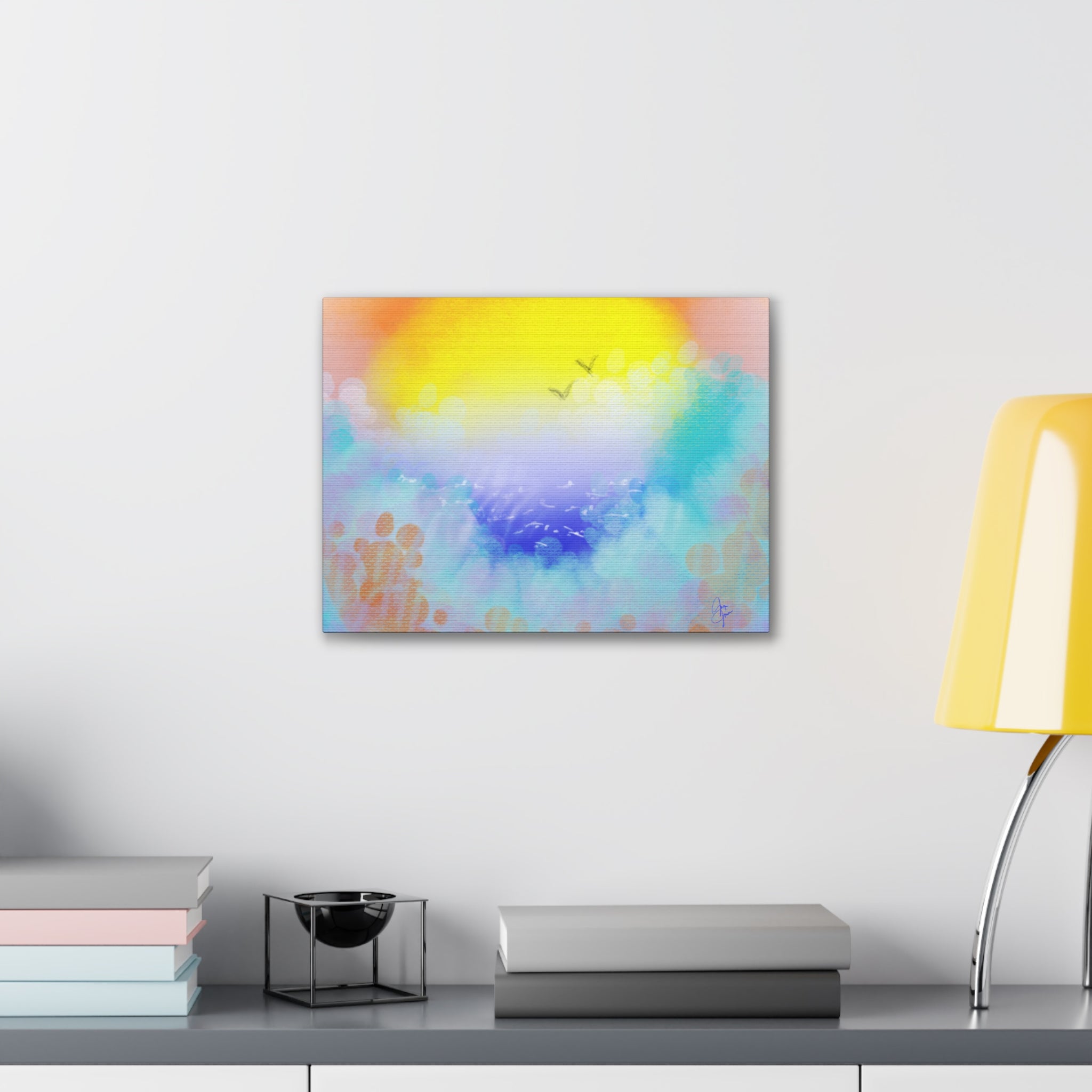 Sunrise Seascape Canvas Wall Art – Pastel Ocean Waves with Birds
