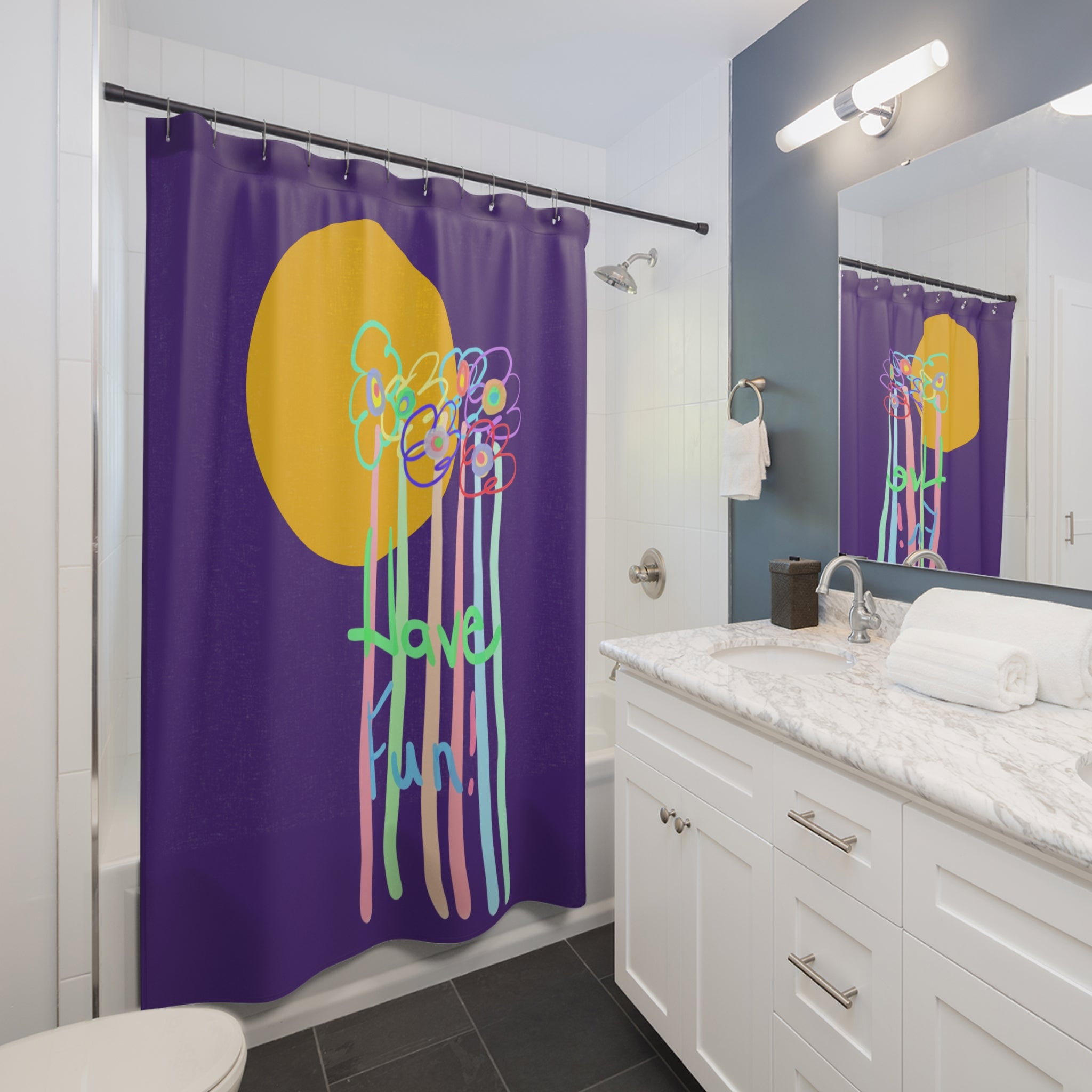 Playful Floral Shower Curtain — Colorful ‘Have Fun’ Sunflower Design