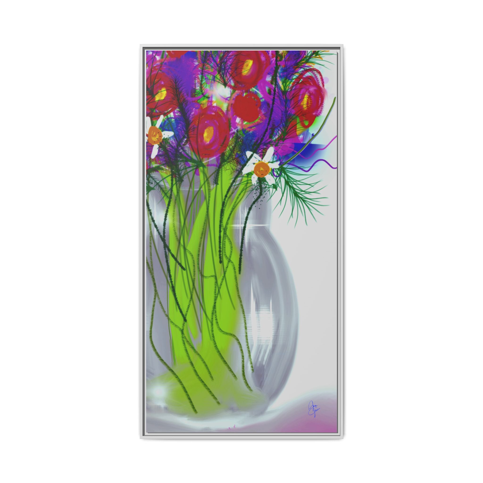 Framed Floral Bouquet Matte Canvas Wall Art — Colorful Abstract Flowers in Vase