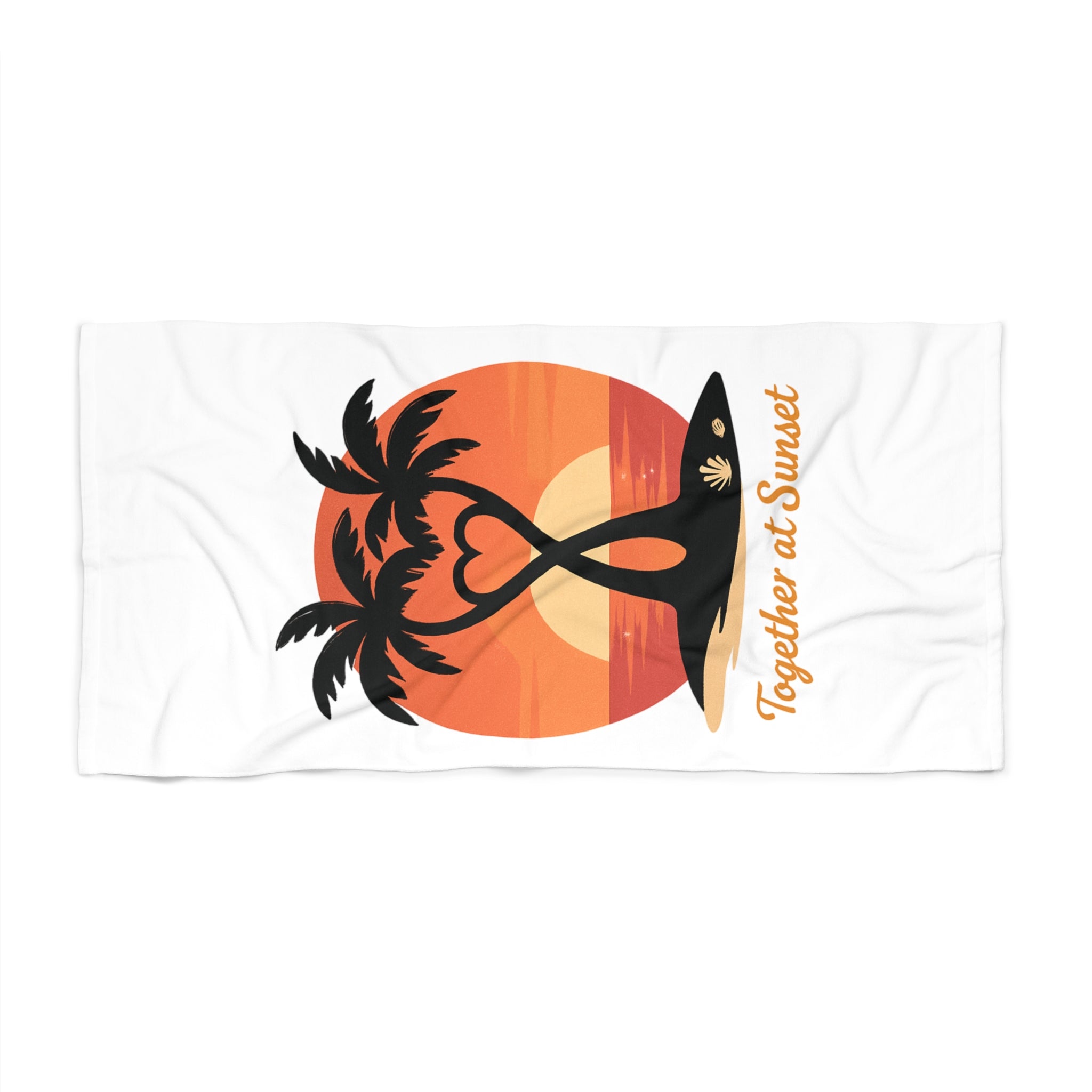 Beach Towel — "Together at Sunset" Surf Whale & Palm Sunset Beach Towel