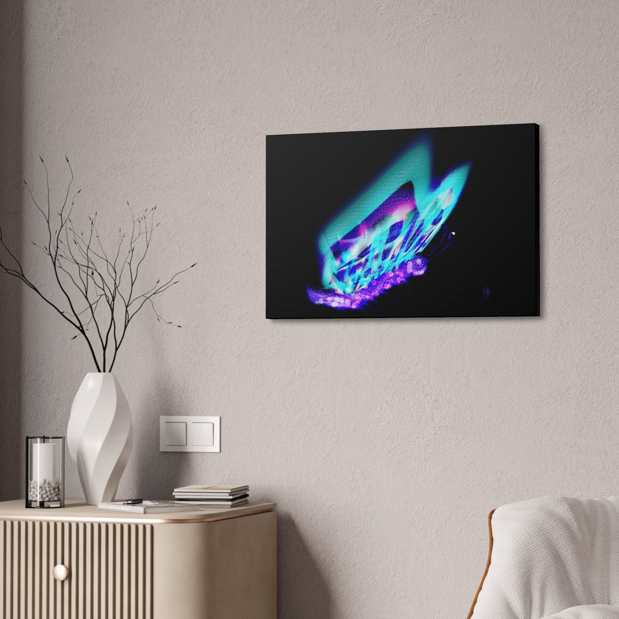 Neon Butterfly Canvas Print — Glowing Blue & Purple Wall Art (Stretched Canvas)