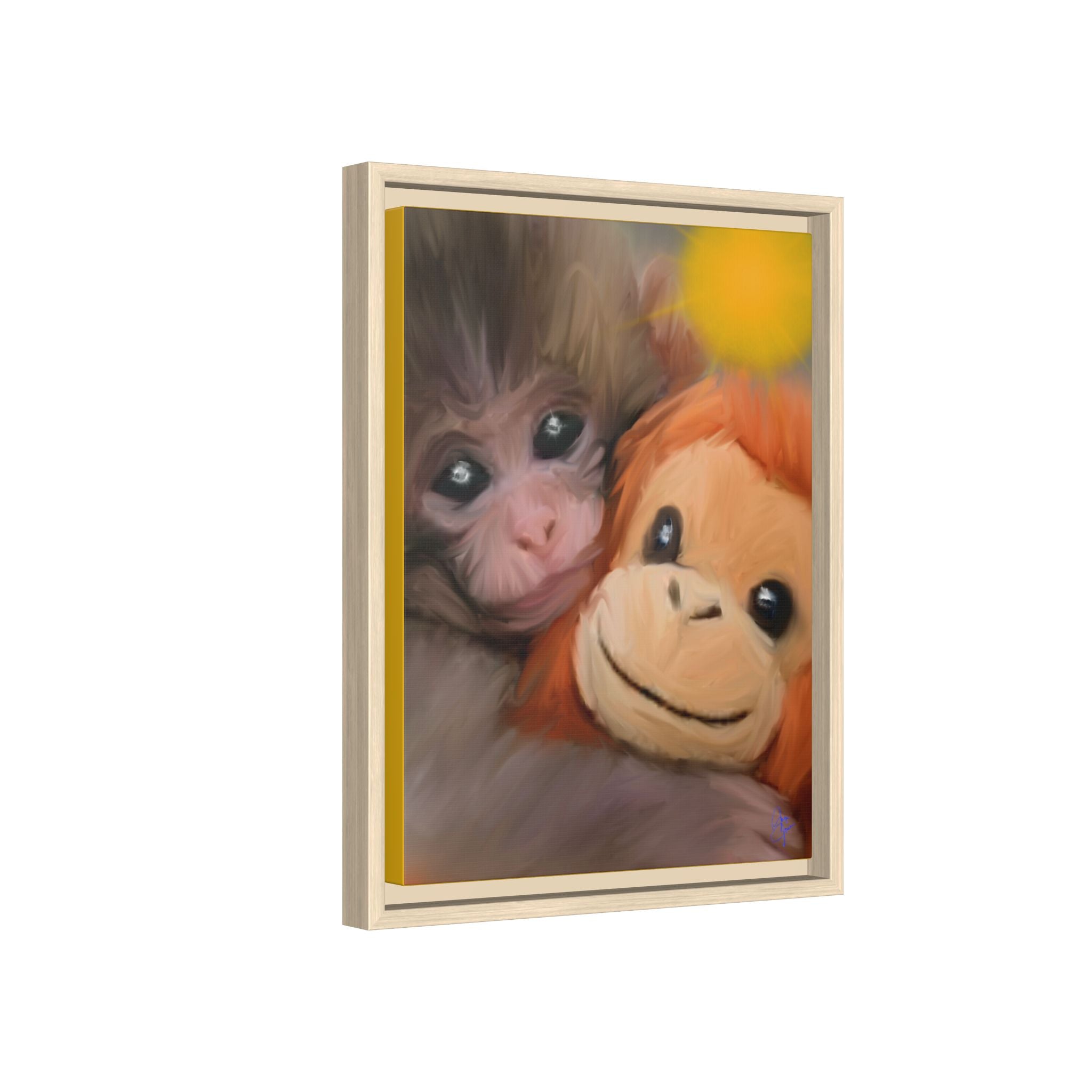 Framed Matte Canvas Print — Baby Monkey & Plush Orangutan Wall Art