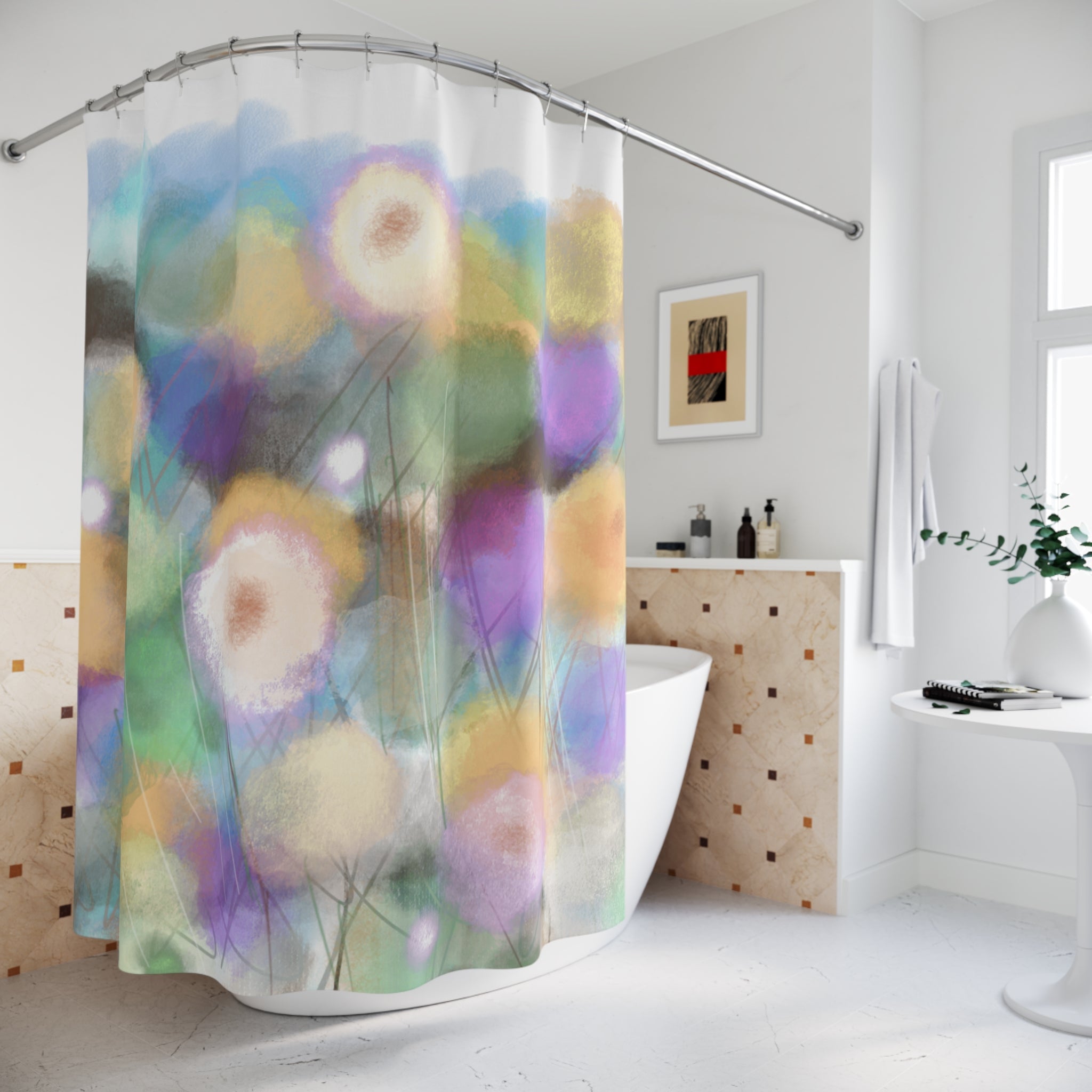 Floral Watercolor Shower Curtain — Soft Pastel Bloom Bathroom Decor