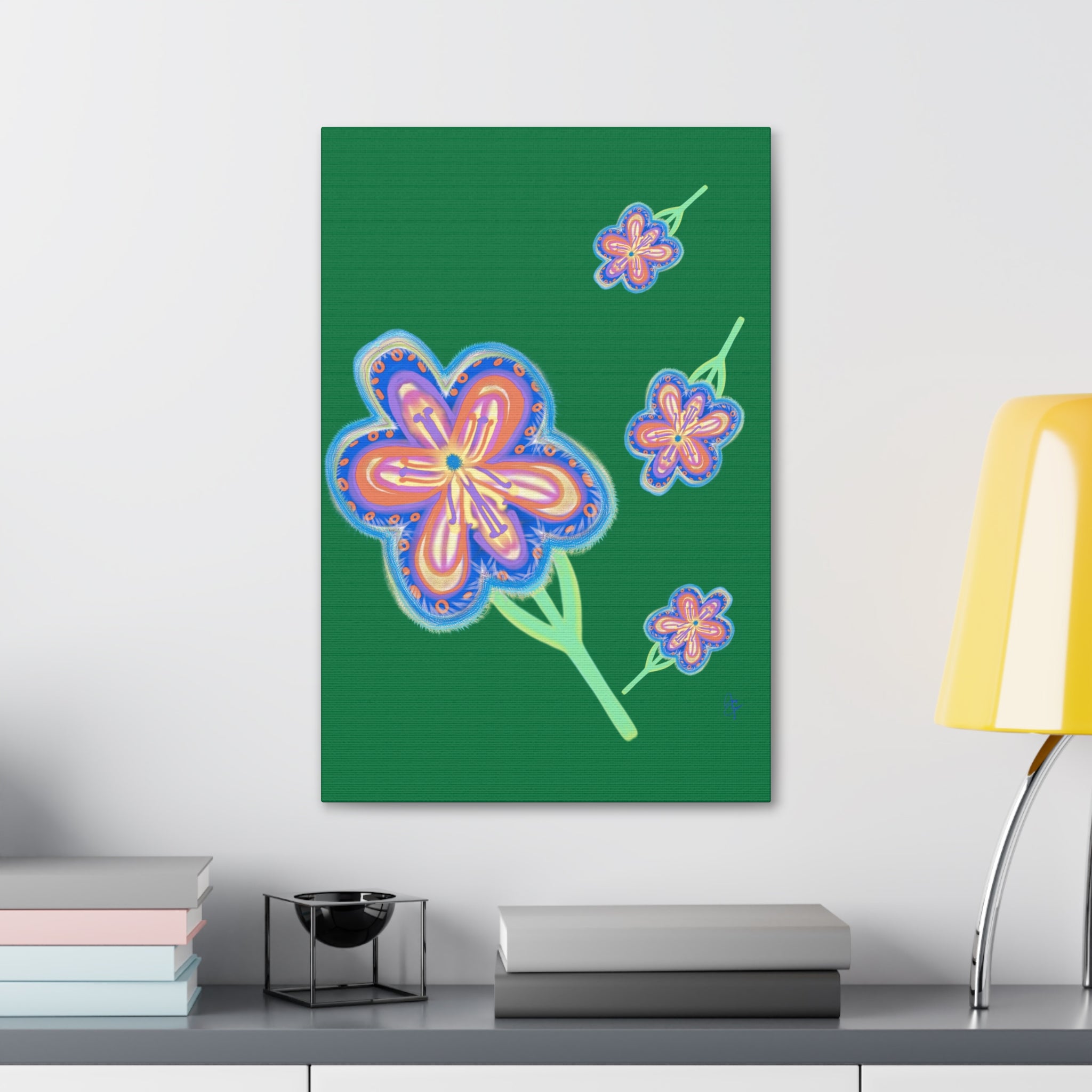 Floral Pop Canvas — Bright Blue Hand-Drawn Flowers Stretched Canvas