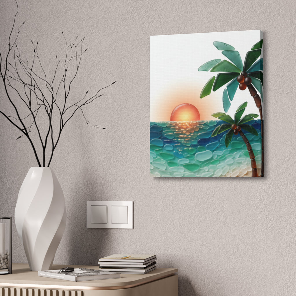 Tropical Sunset Canvas Wall Art — Palm Tree Beach Seascape Stretched Canvas