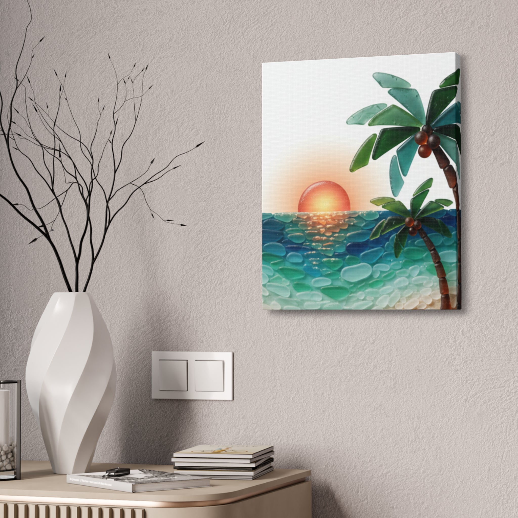 Tropical Sunset Canvas Wall Art — Palm Tree Beach Seascape Stretched Canvas