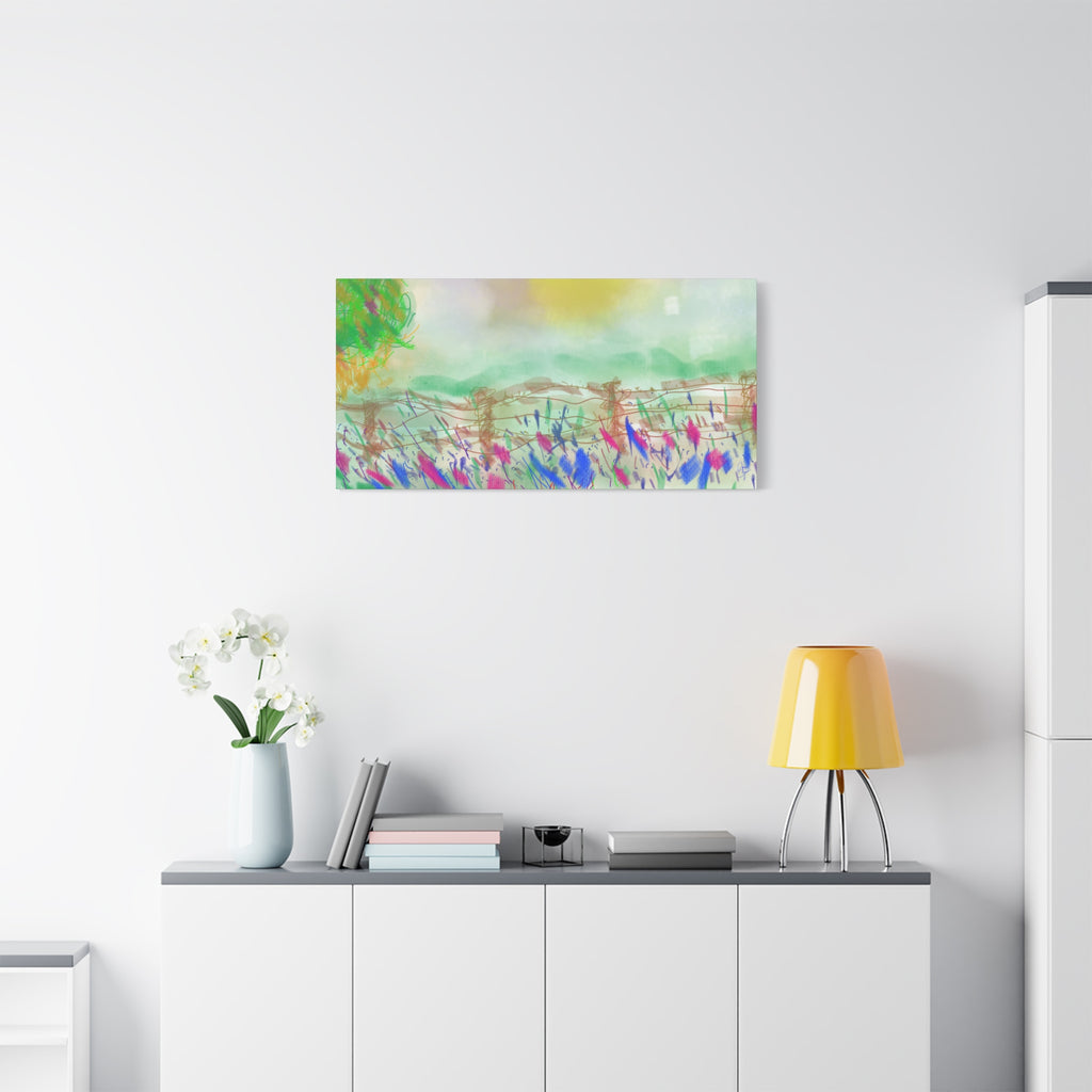 Sunlit Meadow Matte Canvas Wall Art — Pastel Landscape Stretched Canvas