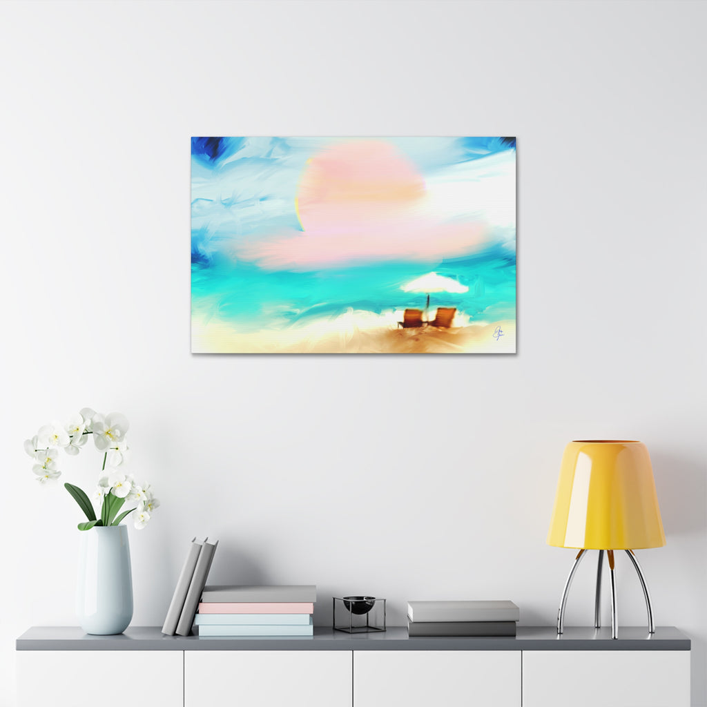 Beach Sunset Canvas Wall Art — Tropical Chairs & Umbrella Stretched Canvas