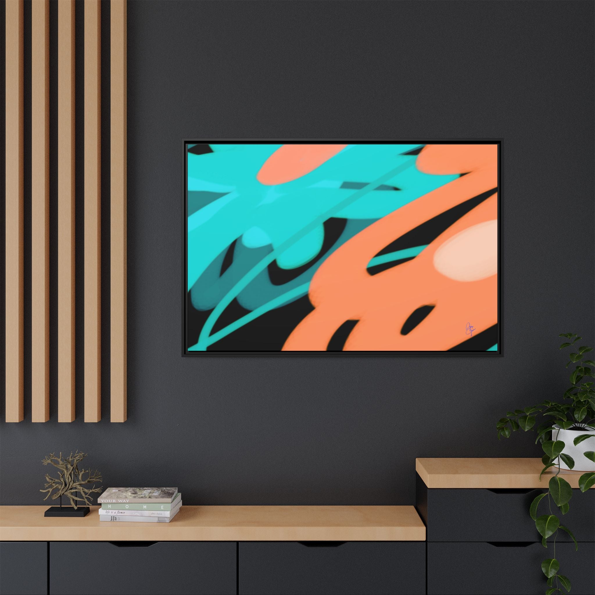 Abstract Teal & Coral Splash Framed Canvas