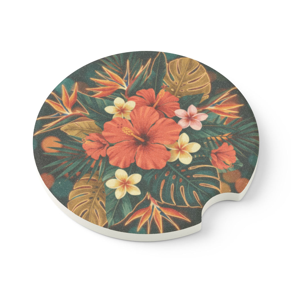 Tropical Hibiscus Soapstone Car Coaster — Floral Car Cupholder Mat