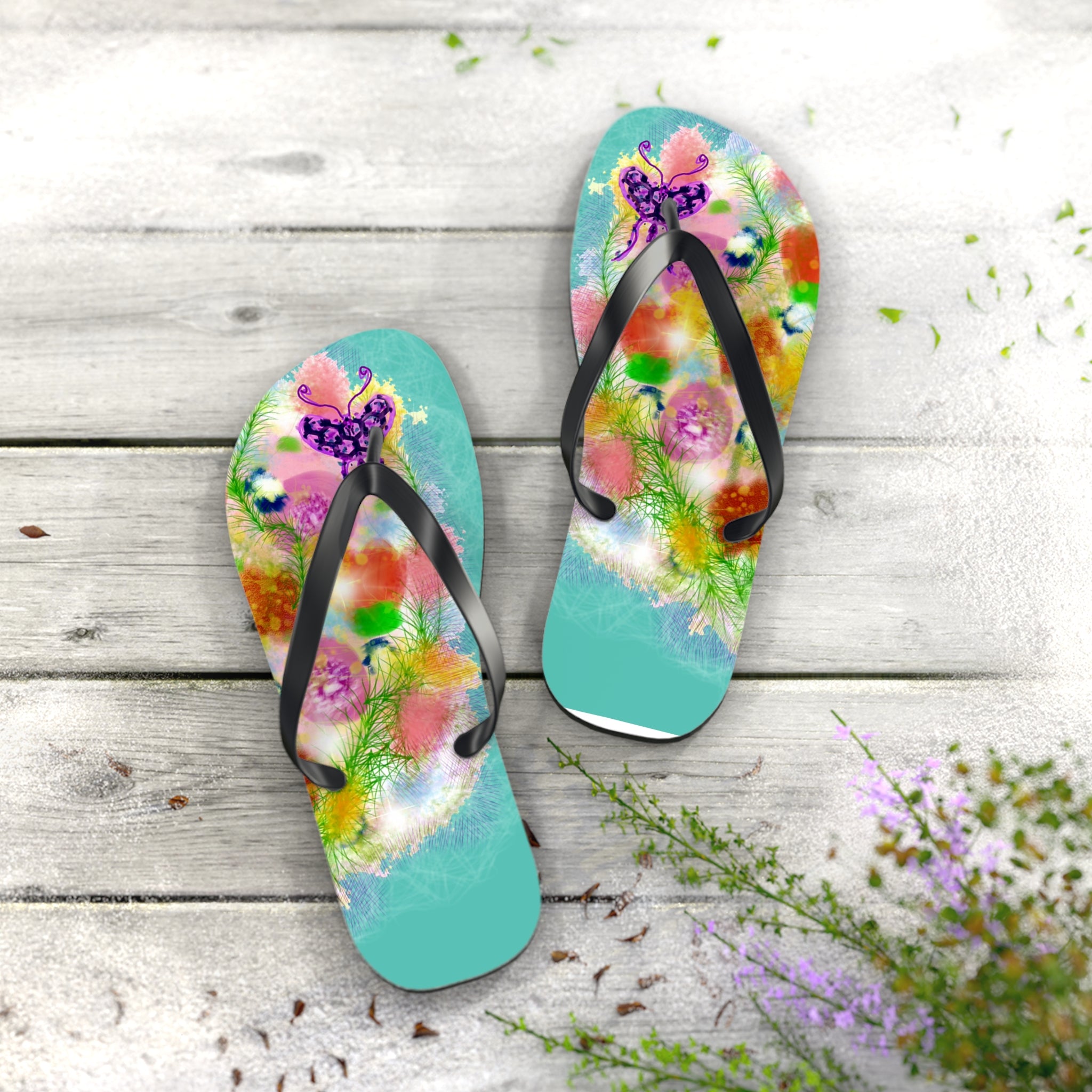 Floral Watercolor Flip Flops - Colorful Beach Sandals with Dreamy Garden Print