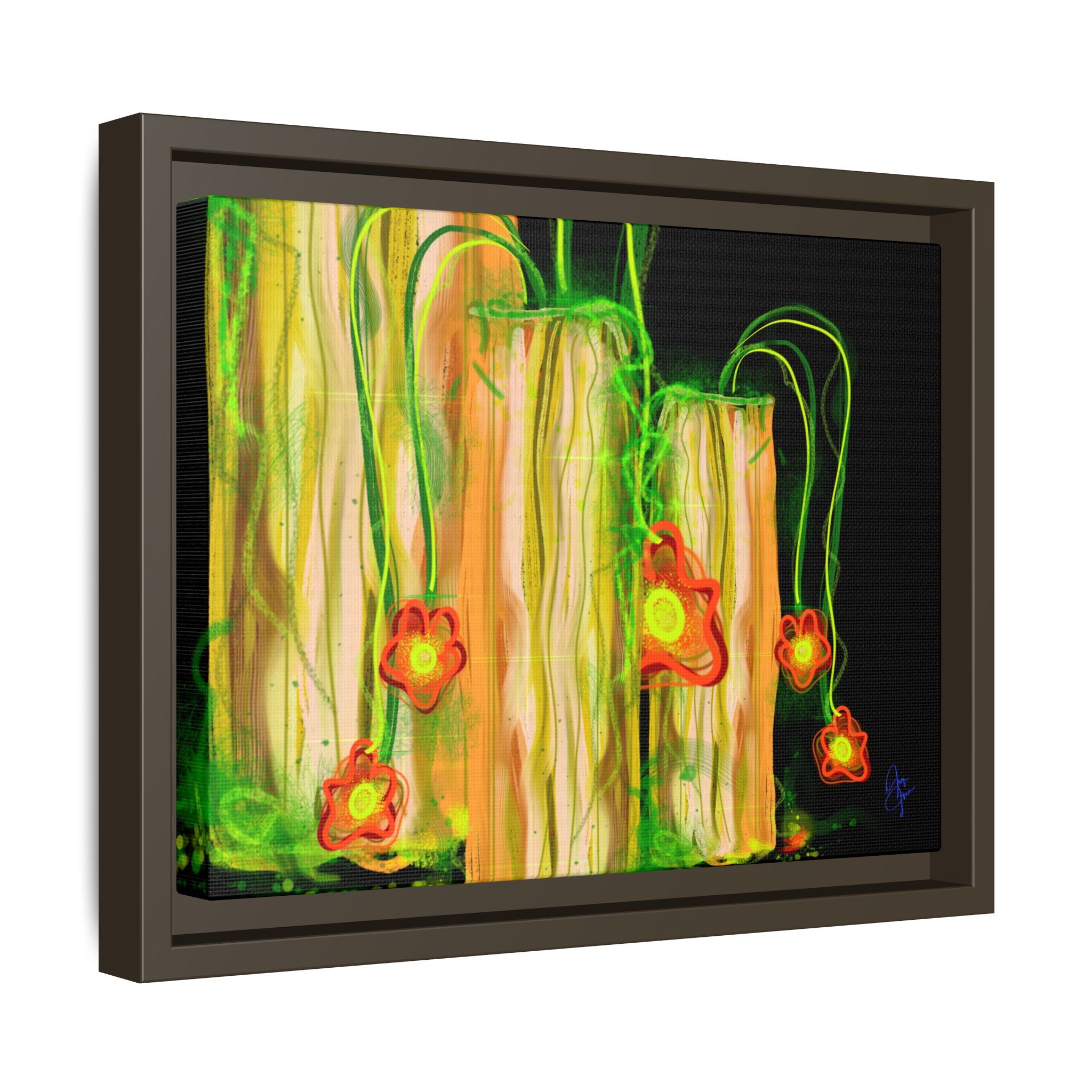 Framed Matte Canvas Print — Neon Floral Candlelight Art