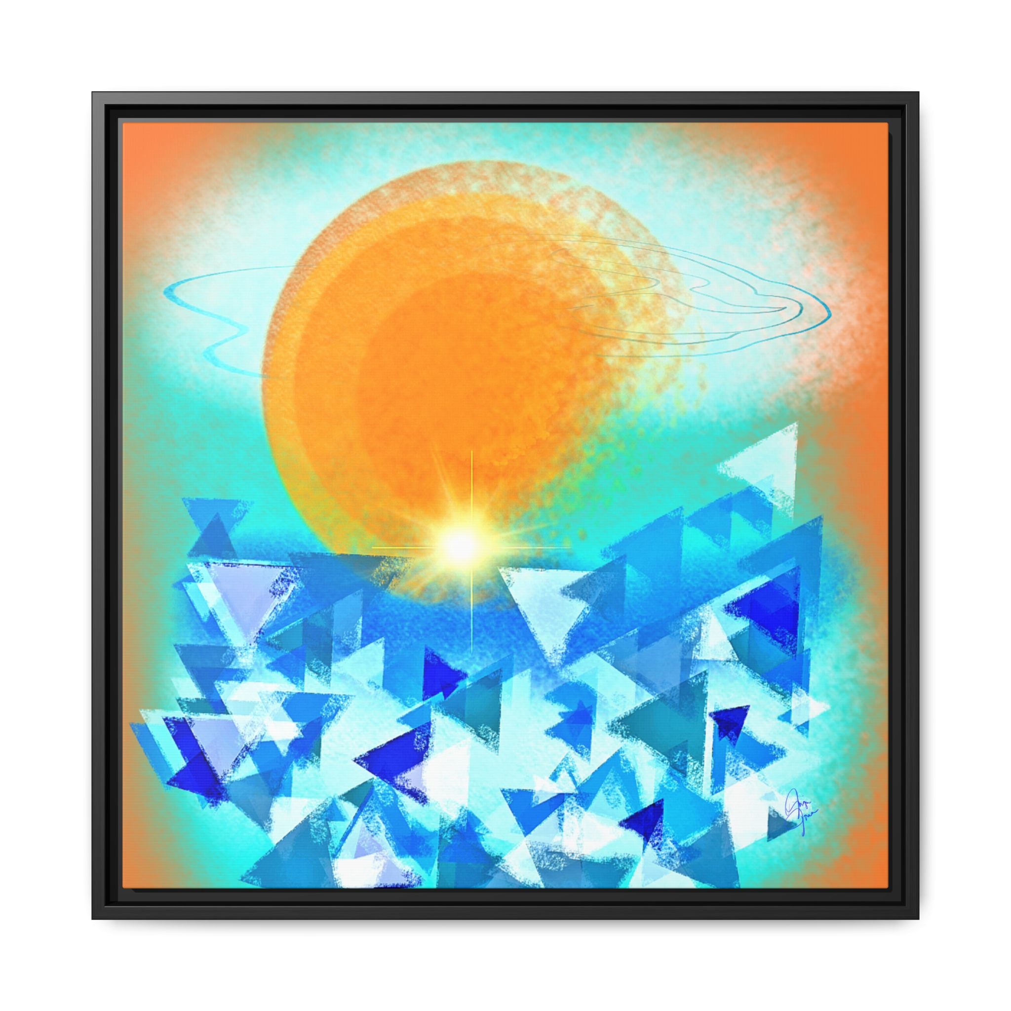 Abstract Sunrise Framed Canvas Art – Orange Sun Over Blue Geometric Waves
