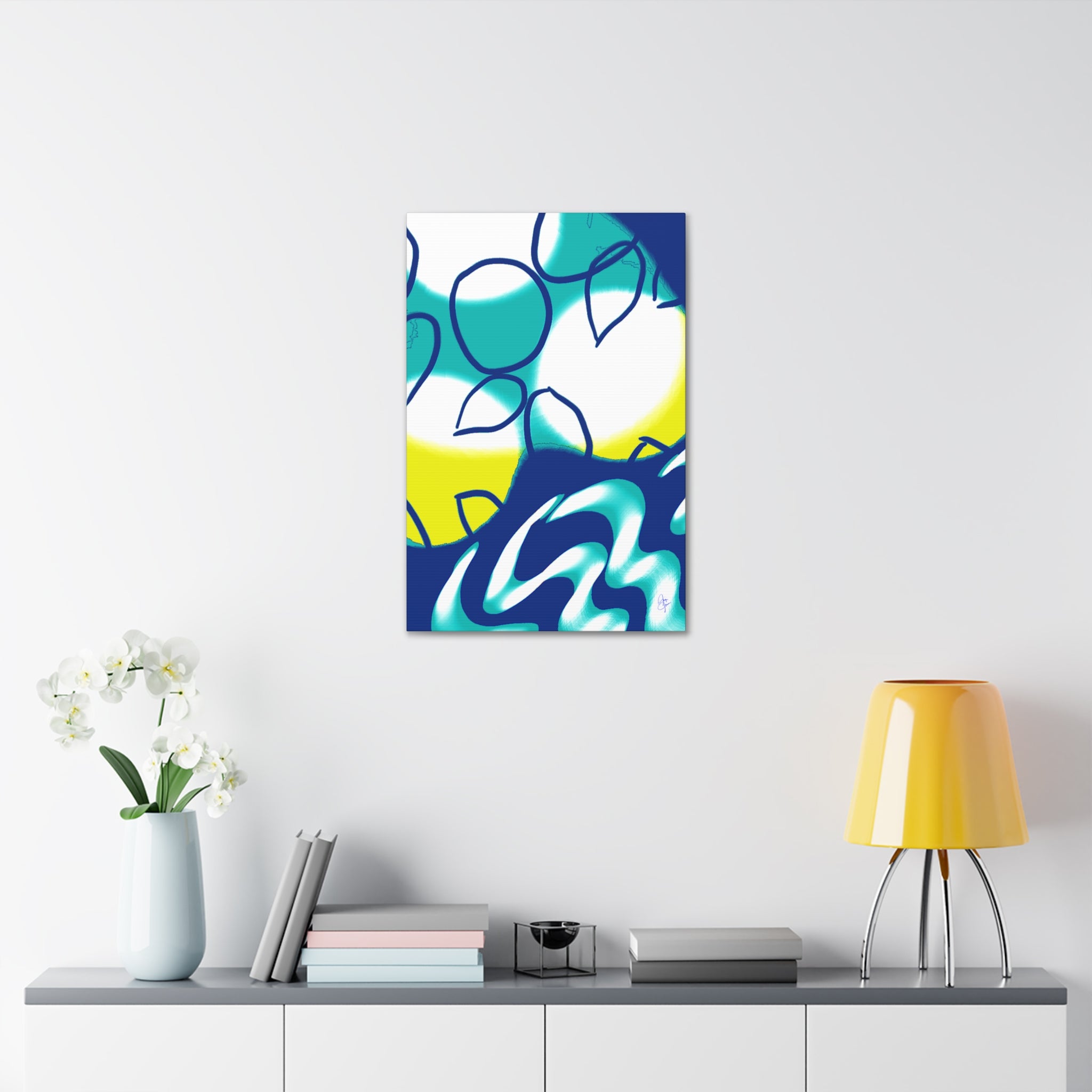 Abstract Ocean Waves Jellyfish Canvas Art — Blue & Teal Modern Wall Decor, Stretched 1.5"