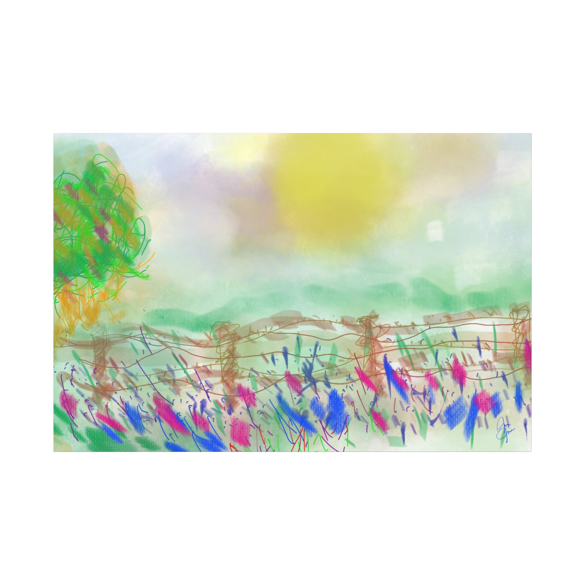 Sunlit Meadow Matte Canvas Wall Art — Pastel Landscape Stretched Canvas