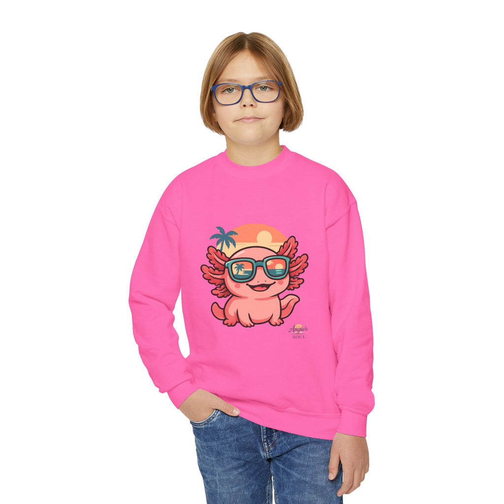 Axolotl Crewneck Sweatshirt — Cute Pink Axolotl with Sunglasses & Sunset