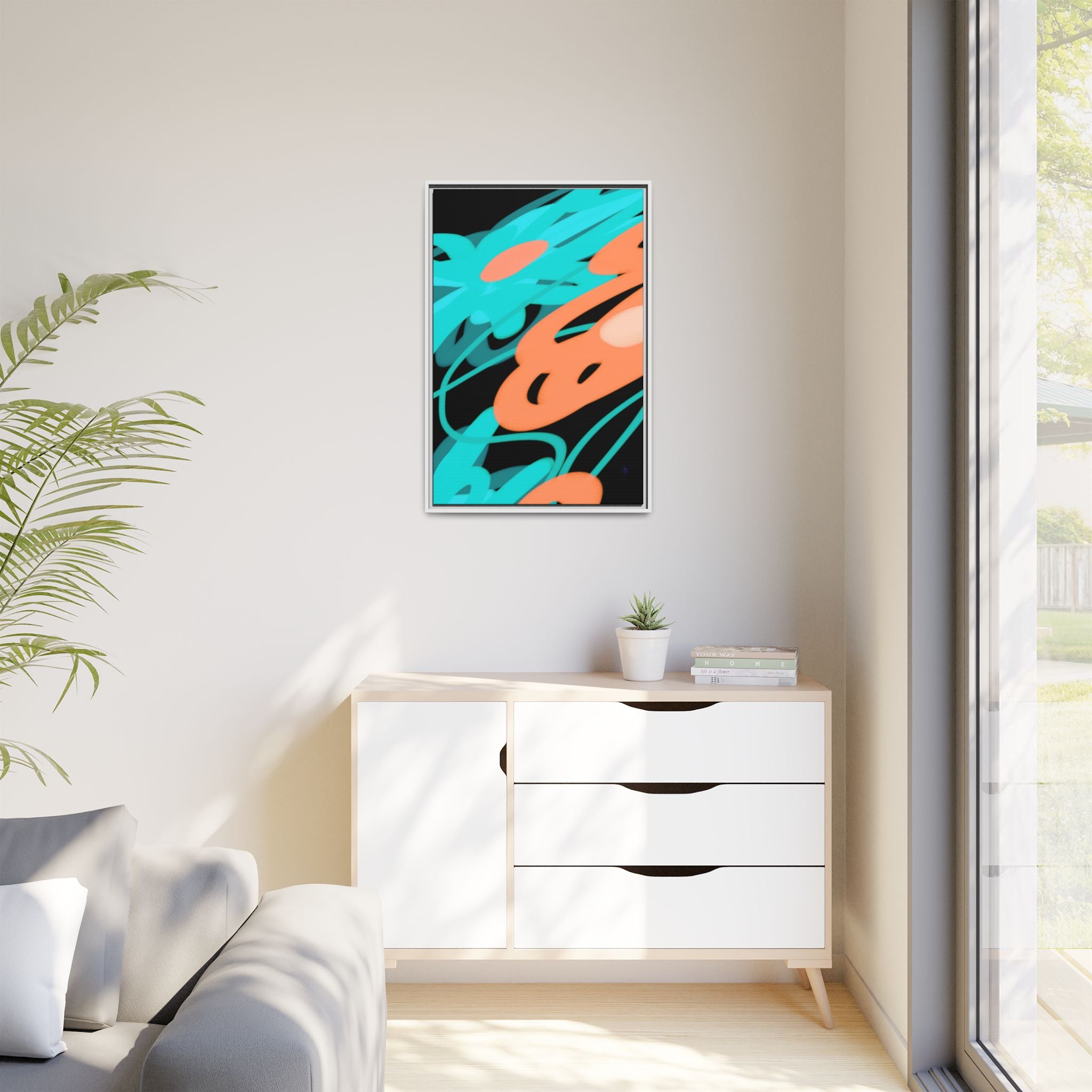Abstract Teal & Coral Splash Framed Canvas