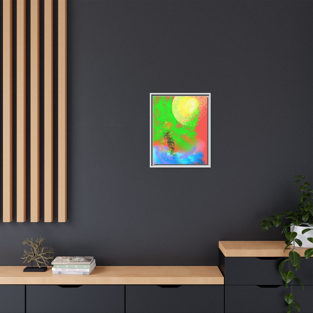Abstract Neon Tree Matte Canvas Framed Art — Vibrant Green Moon Landscape