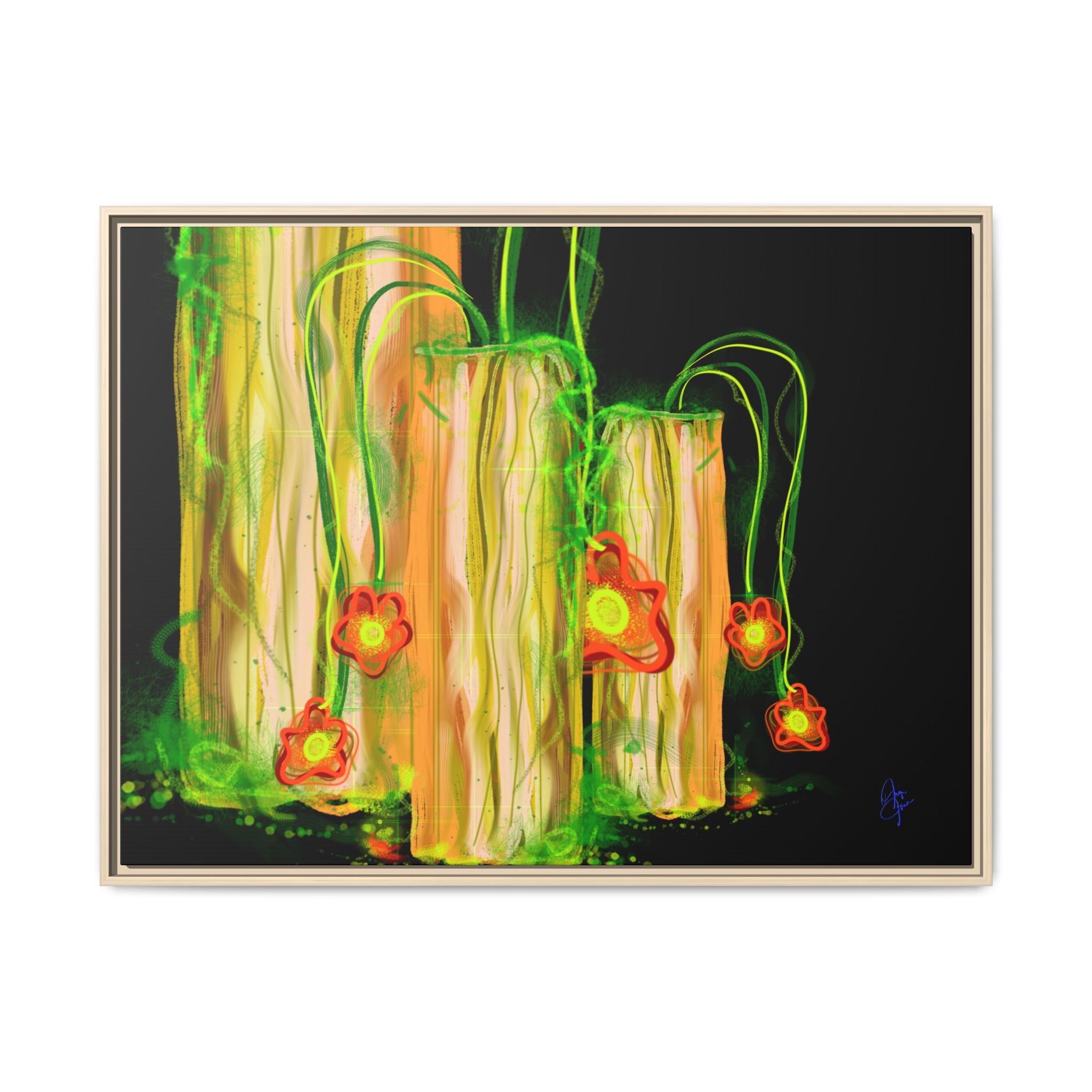 Framed Matte Canvas Print — Neon Floral Candlelight Art