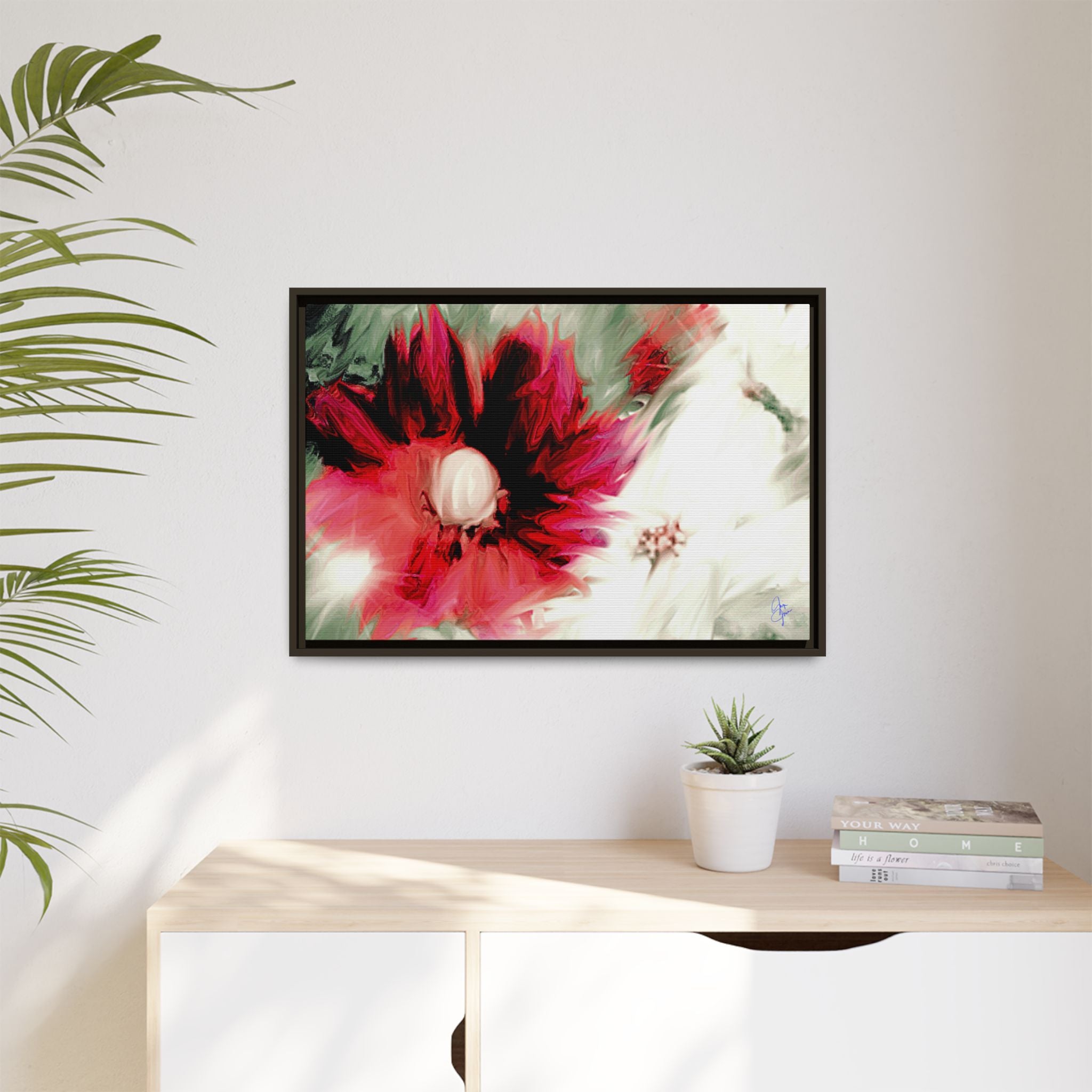 Framed Matte Canvas Print — Blurred Red & White Floral Art