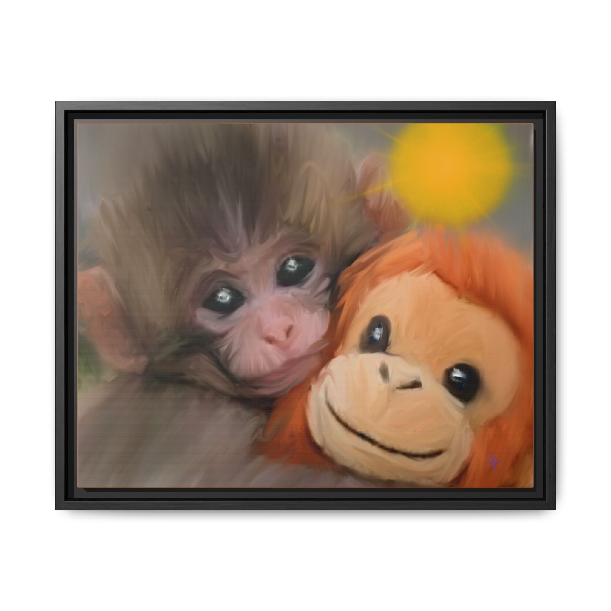 Framed Matte Canvas Print — Baby Monkey & Plush Orangutan Wall Art