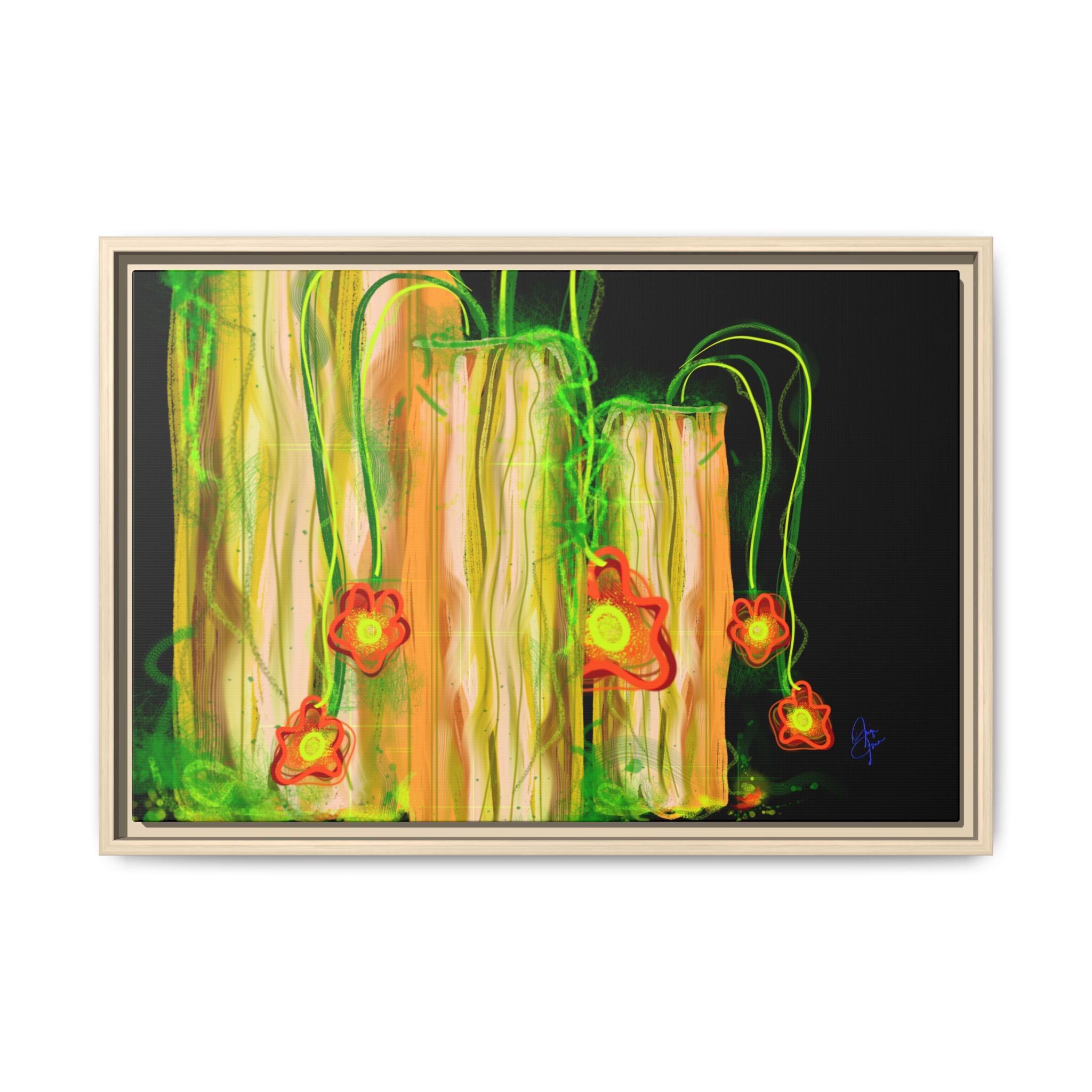 Framed Matte Canvas Print — Neon Floral Candlelight Art