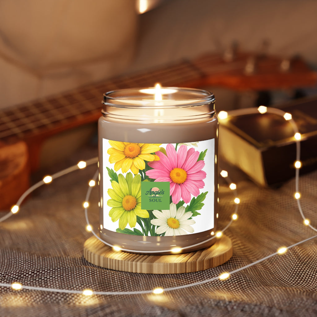 Floral Soy Candle 9oz — Scented Jar Candle with Pink & Yellow Daisy Design