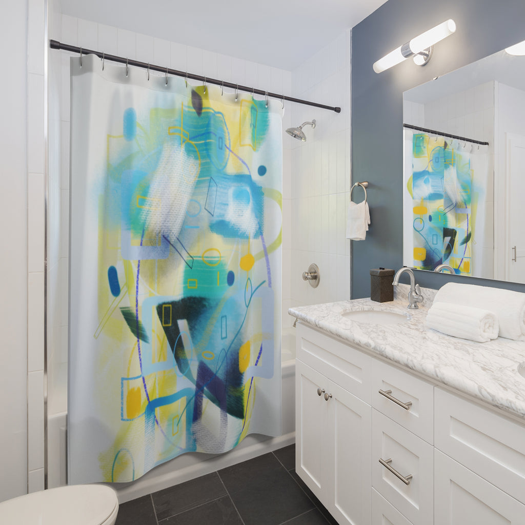 Abstract Coastal Blue Shower Curtain — Modern Geometric Bathroom Decor