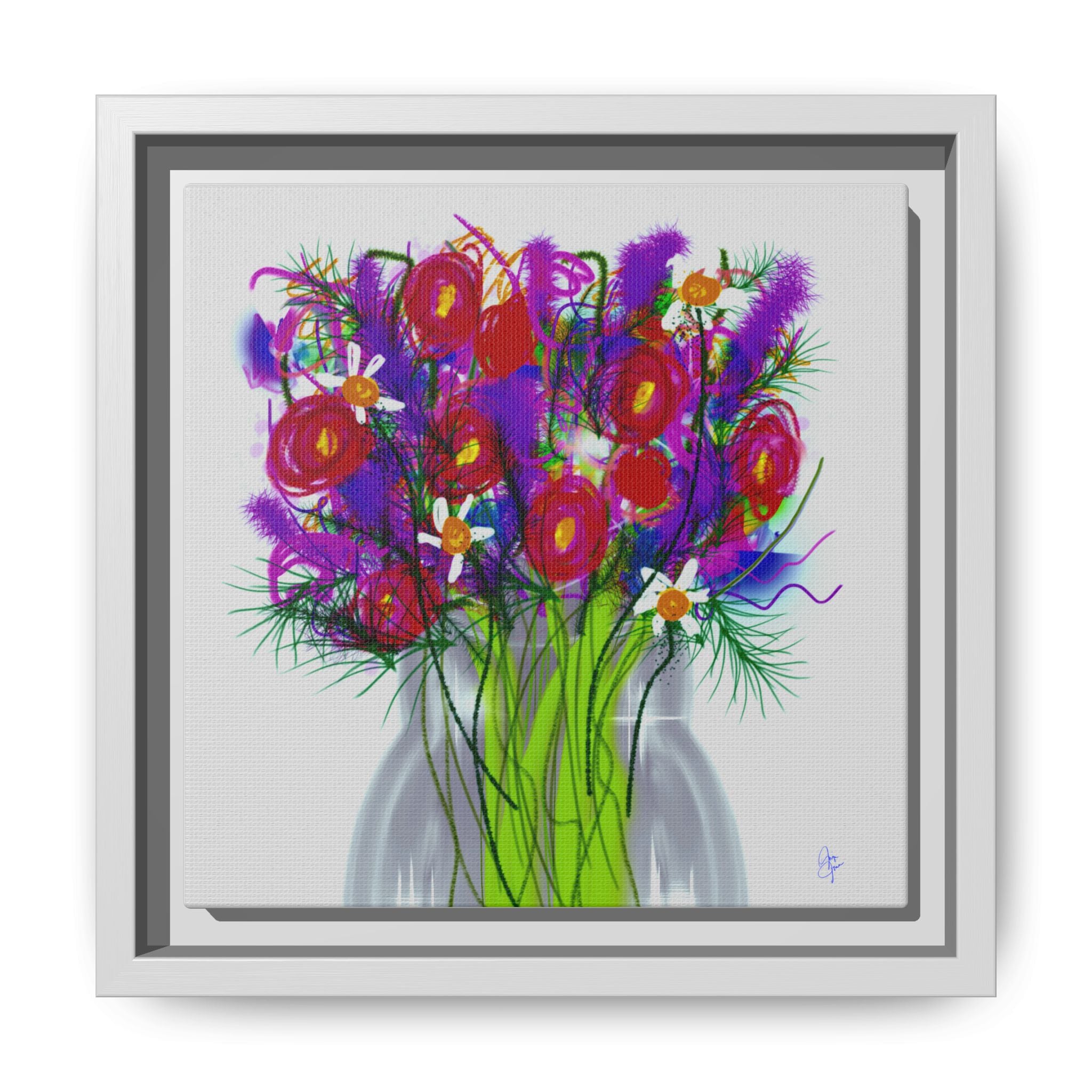 Framed Floral Bouquet Matte Canvas Wall Art — Colorful Abstract Flowers in Vase