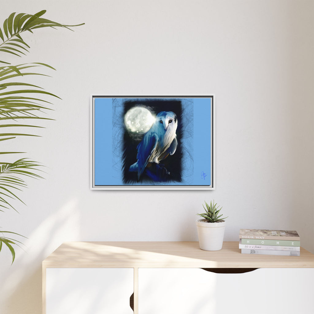 Moonlight Owl Matte Framed Canvas — Mystical Blue Owl Wall Art