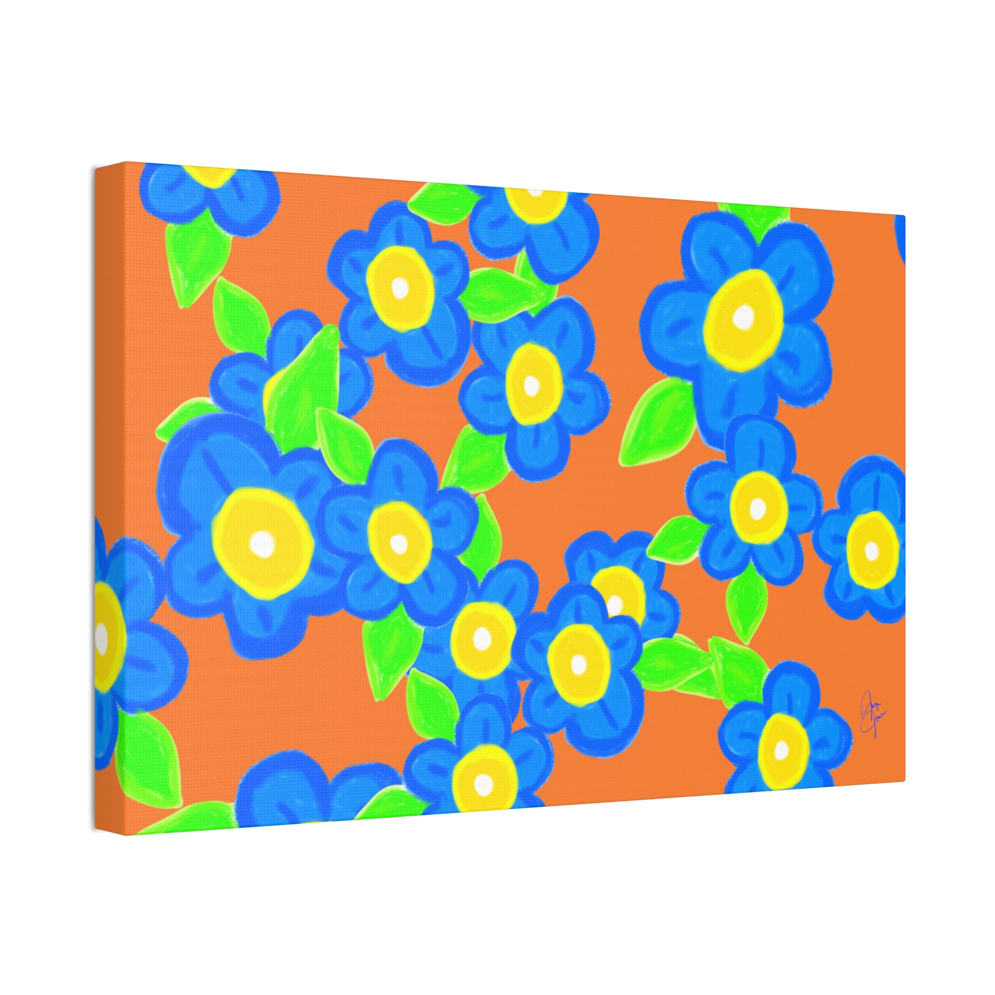 Blue Floral Canvas Wall Art — Bright Hand-Drawn Flowers on Mustard Background