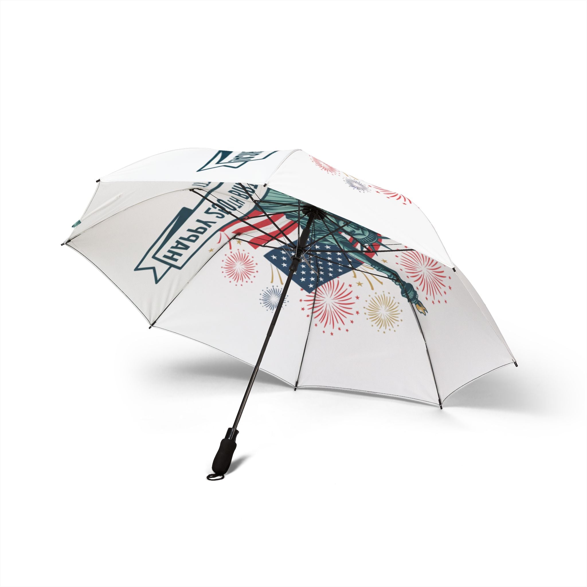 Patriotic Statue of Liberty Foldable Umbrella — 4th of July Fireworks & American Flag Design