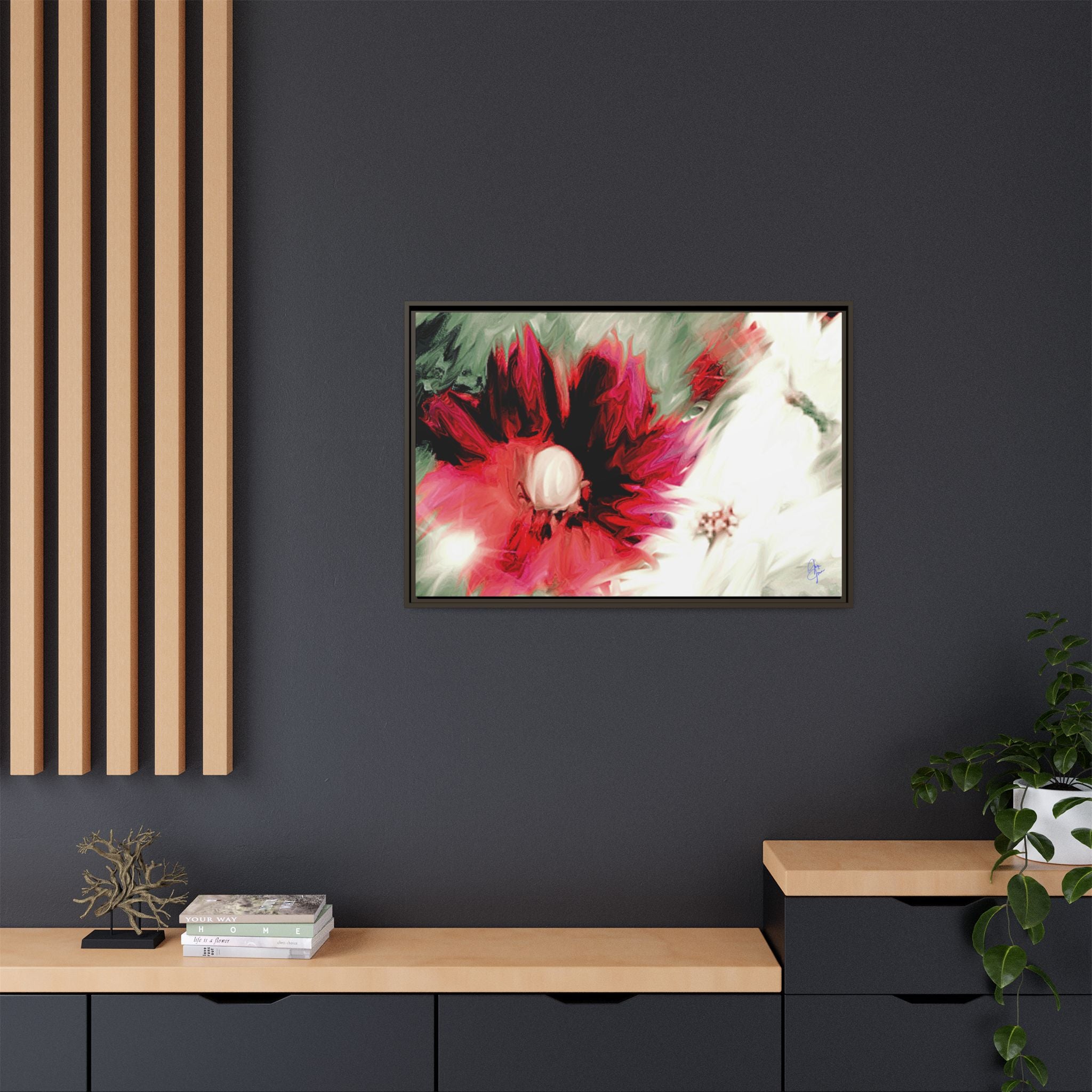 Framed Matte Canvas Print — Blurred Red & White Floral Art