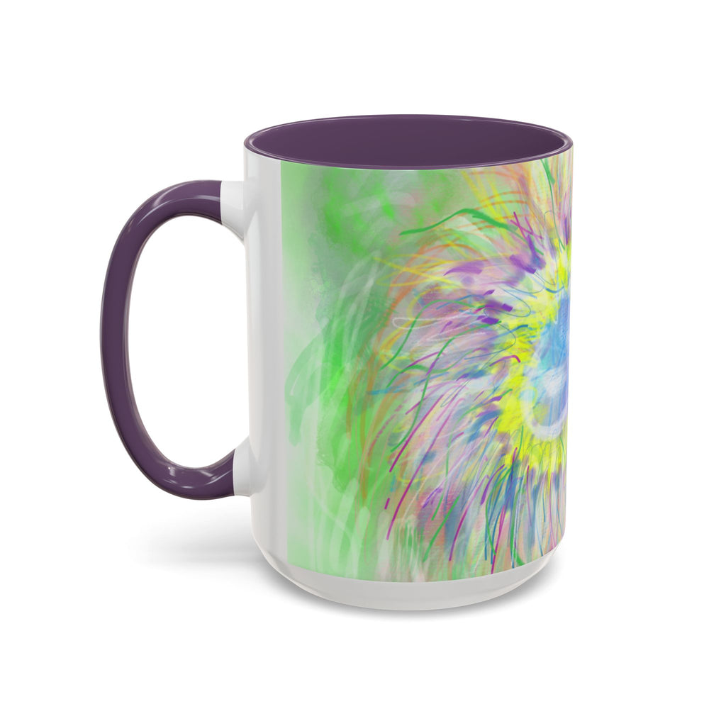 Colorful Sunflower Accent Coffee Mug — Pink Inner Artistic Floral Design (11/15 oz)