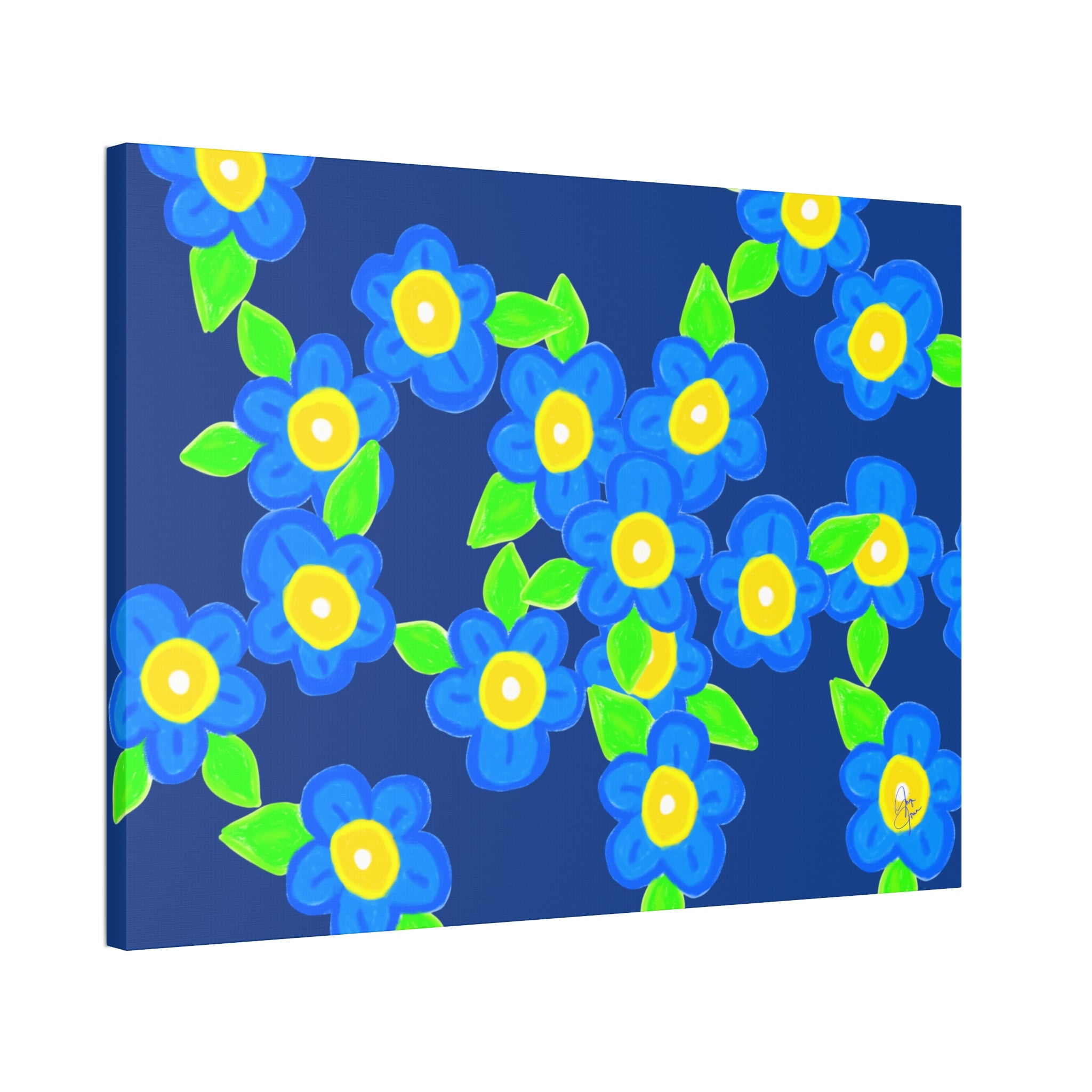 Blue Floral Canvas Wall Art — Bright Hand-Drawn Flowers on Mustard Background