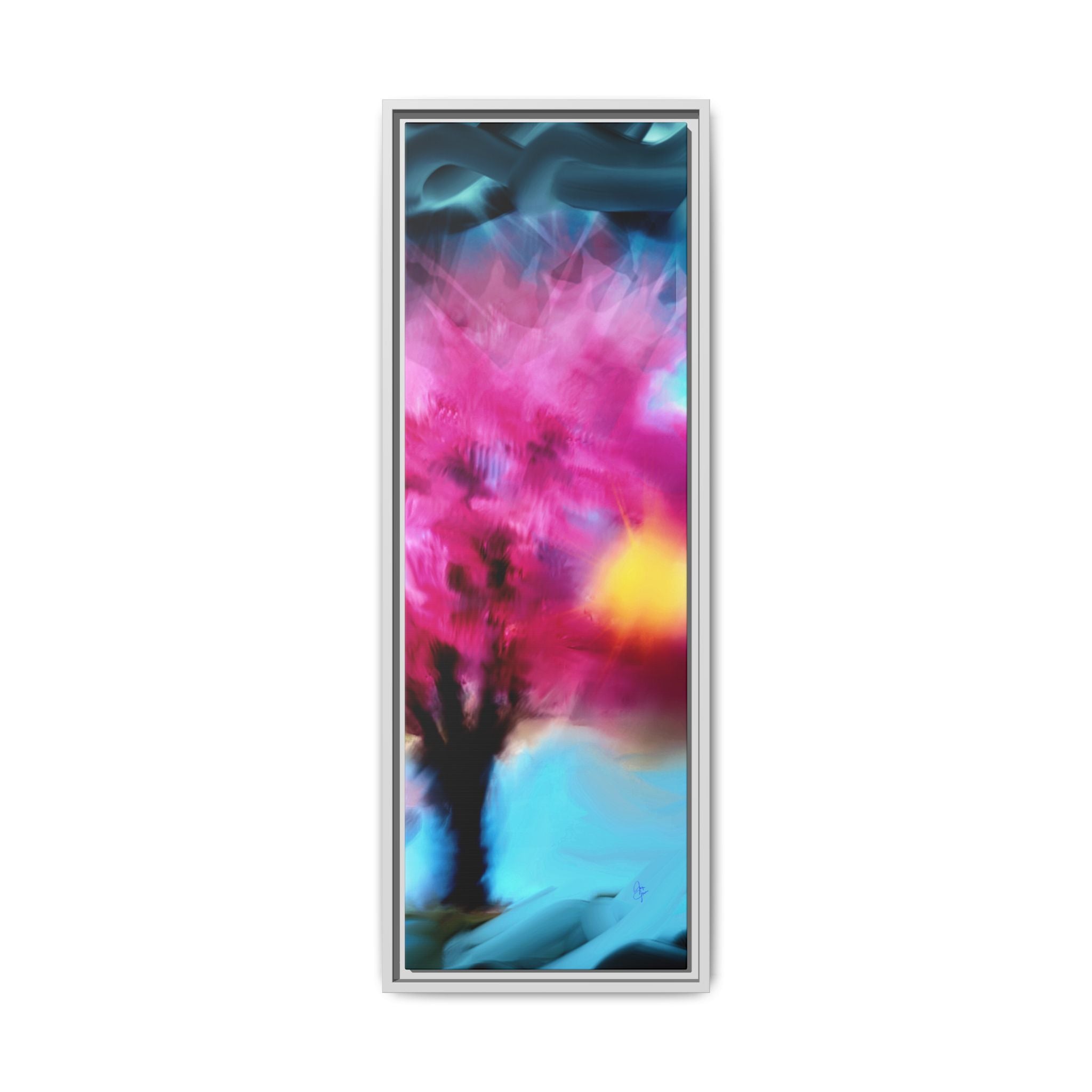 Framed Abstract Blossom Canvas — Vertical Pink & Blue Wall Art