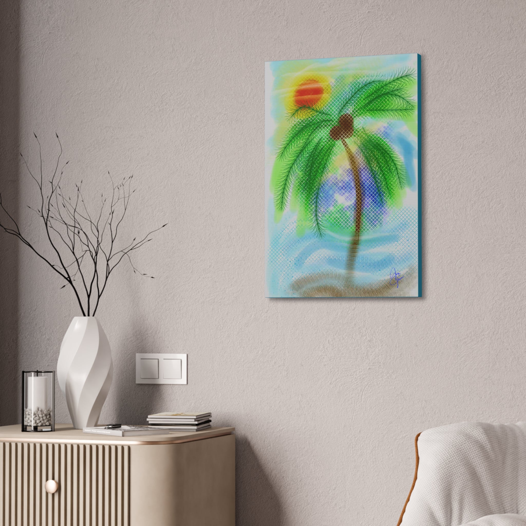 Tropical Palm Canvas Print – Heart Coconut Sunset Wall Art, Stretched 1.5"