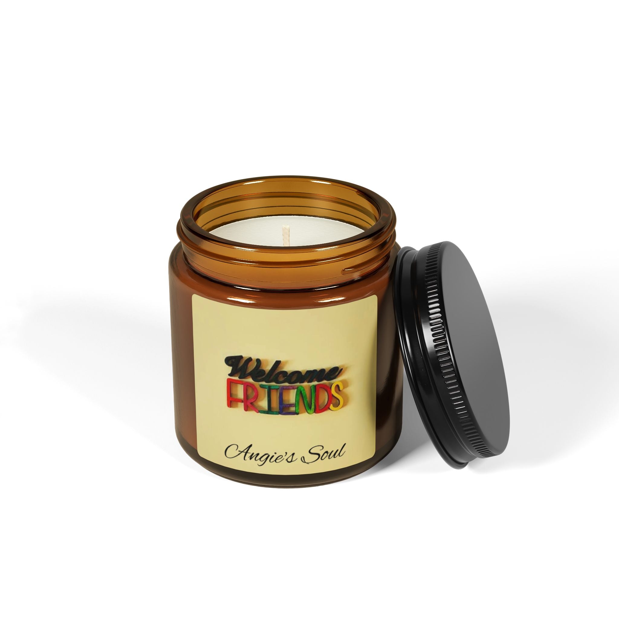 Welcome Friends Soy Candle — Amber Jar Scented Candle (Personalized "Angie’s Soul")