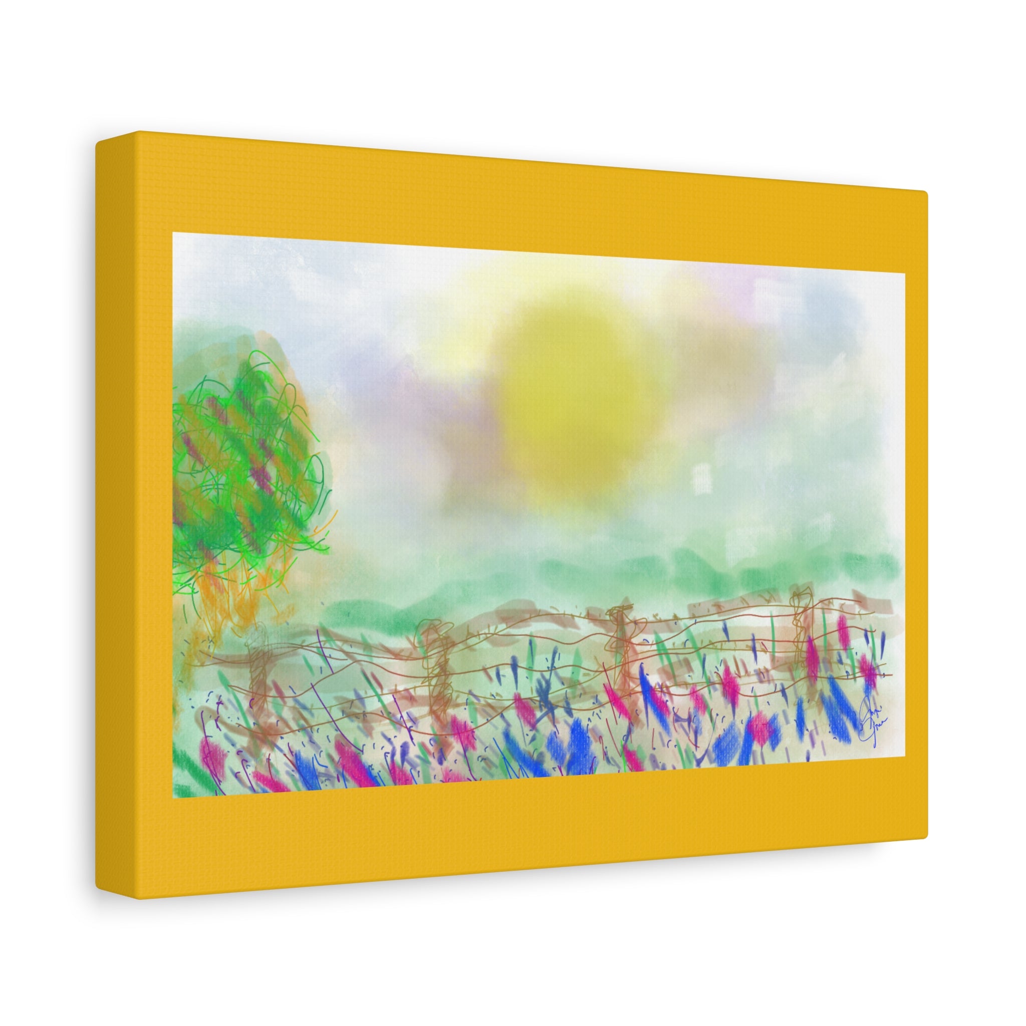 Sunlit Meadow Matte Canvas Wall Art — Pastel Landscape Stretched Canvas