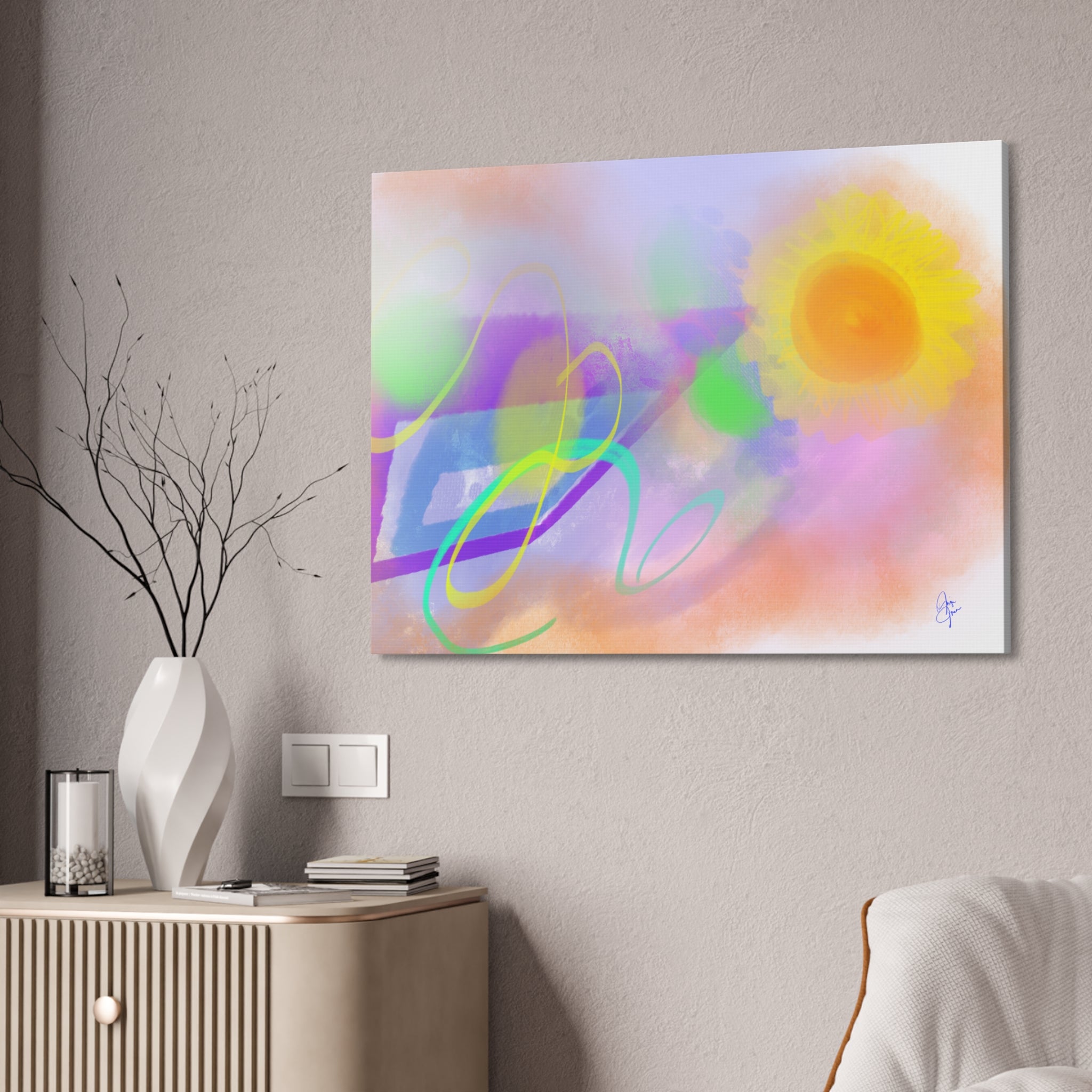 Abstract Sunrise Canvas Wall Art – Bright Pastel Sun & Swirls (1.5" Stretched)