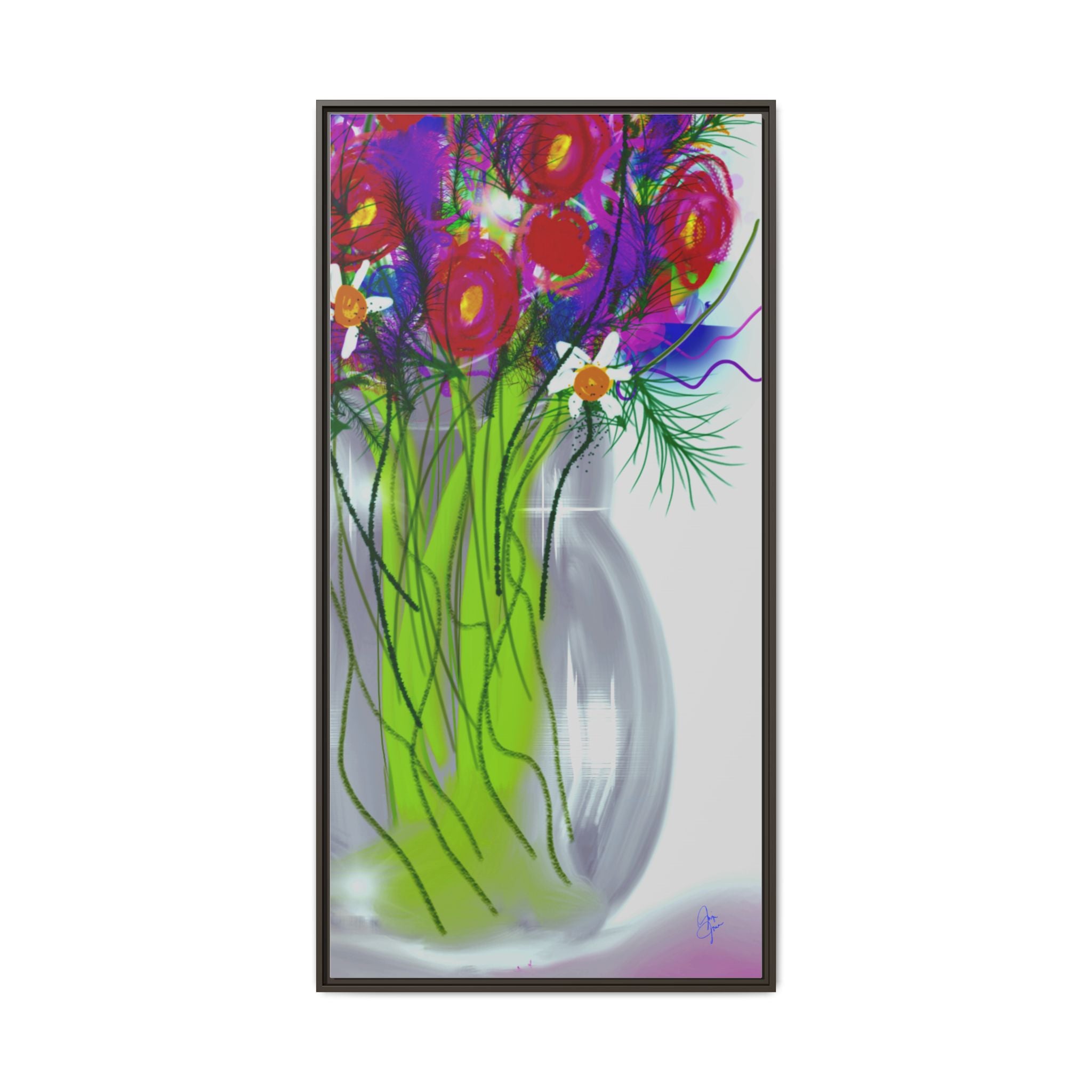 Framed Floral Bouquet Matte Canvas Wall Art — Colorful Abstract Flowers in Vase
