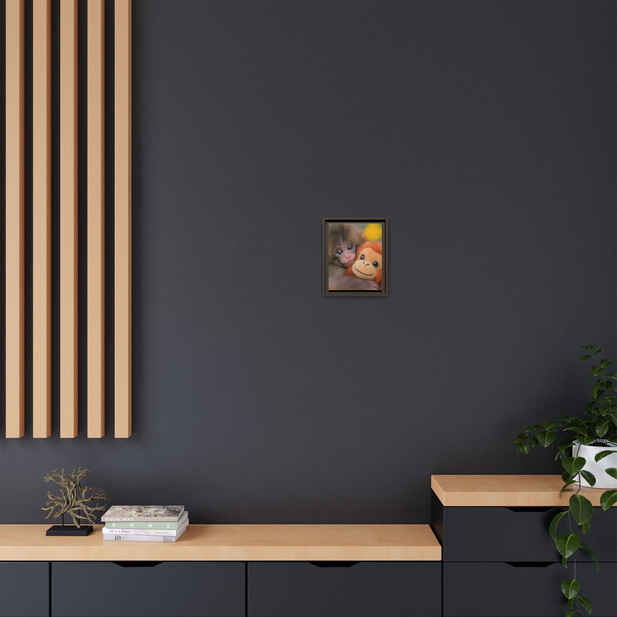 Framed Matte Canvas Print — Baby Monkey & Plush Orangutan Wall Art