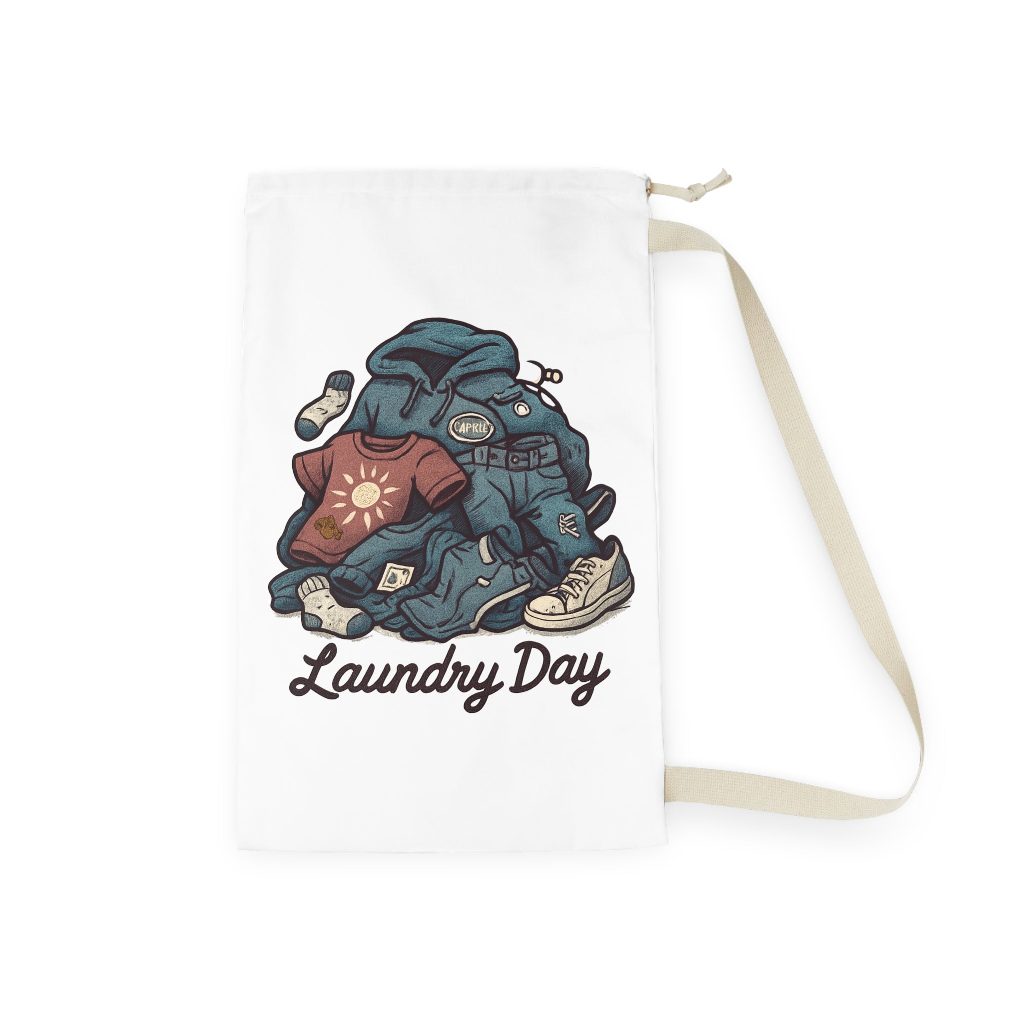 Laundry Day Drawstring Bag — Cute Pile of Clothes Graphic