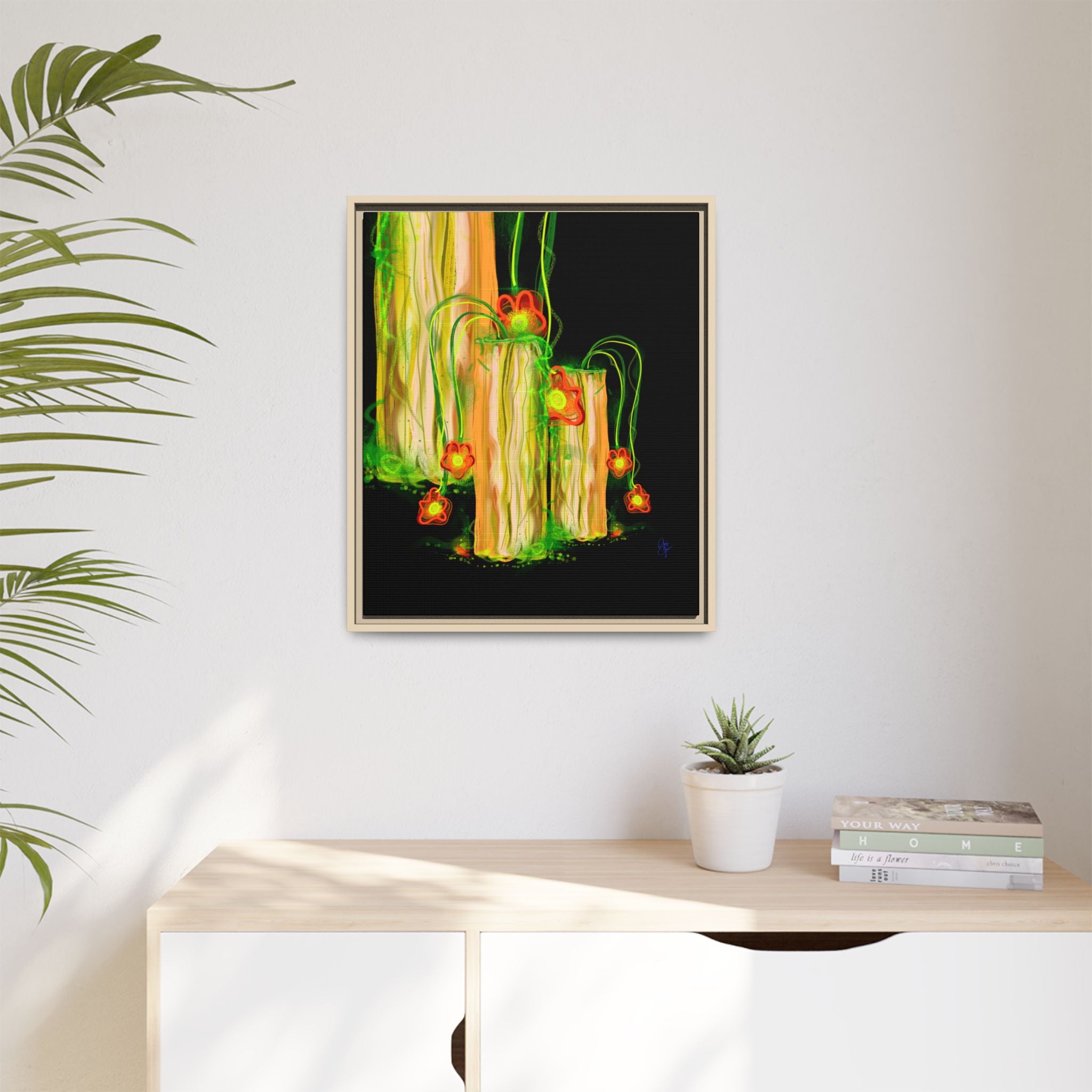 Framed Matte Canvas Print — Neon Floral Candlelight Art